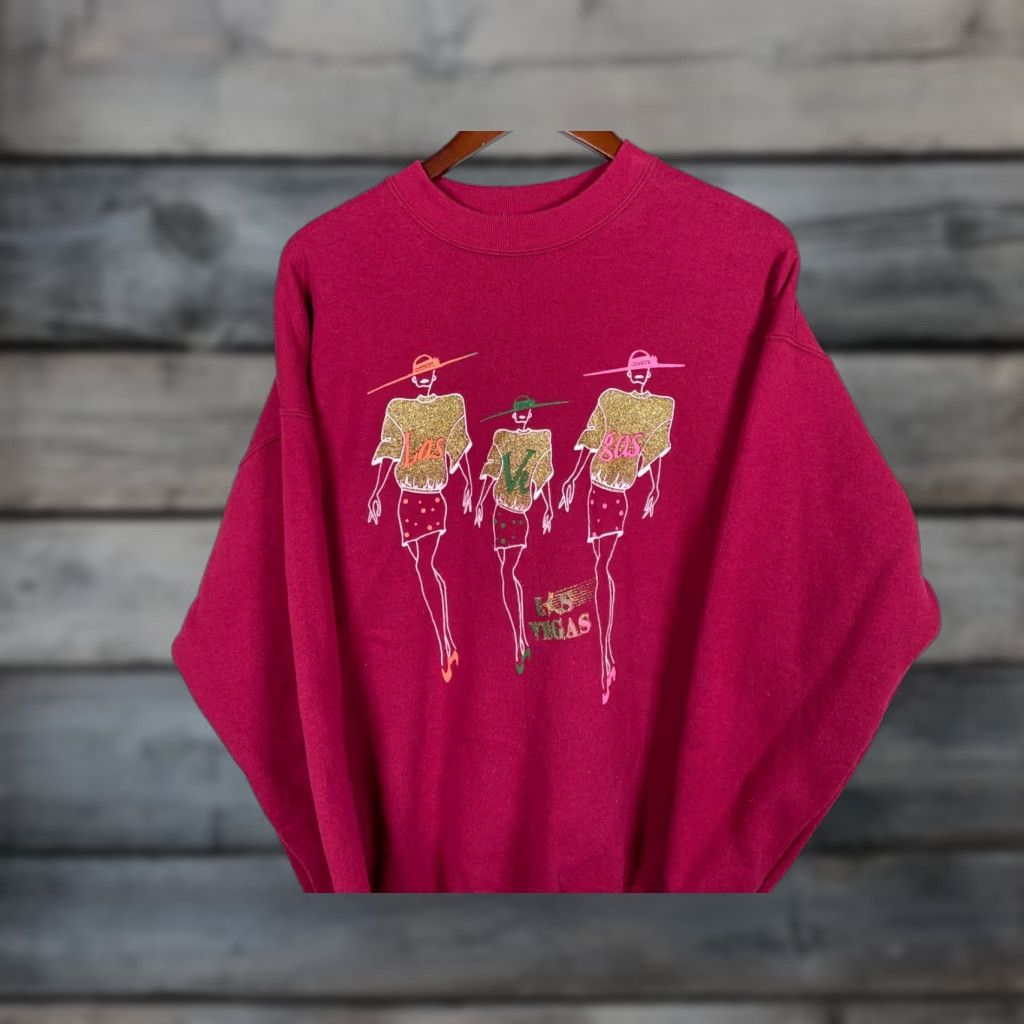 Vintage VTG Las Vegas Glittery Hat Ladies Sweatshirt Adult XL Dark Red Crewneck Size XL / US 12-14 / IT 48-50 - 1 Thumbnail