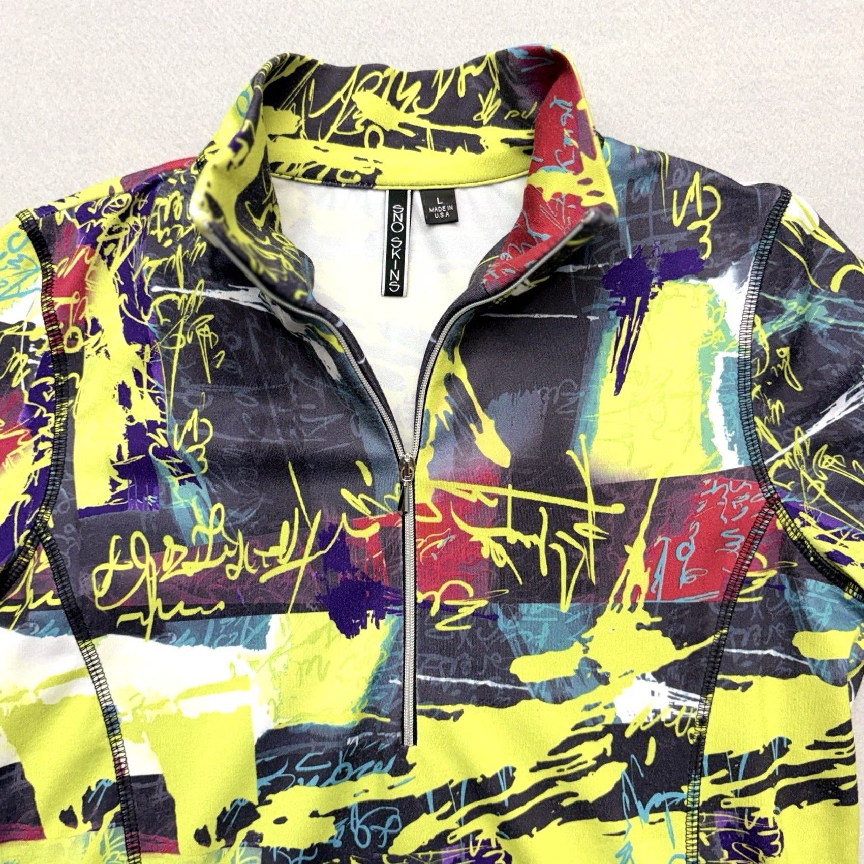 Vintage SNO SKINS Pullover 1/4 Zip Top Graffiti Print Yellow Black Red Women's Size L Shirt Adult Womens Size L / US 10 / IT 46 - 2 Thumbnail