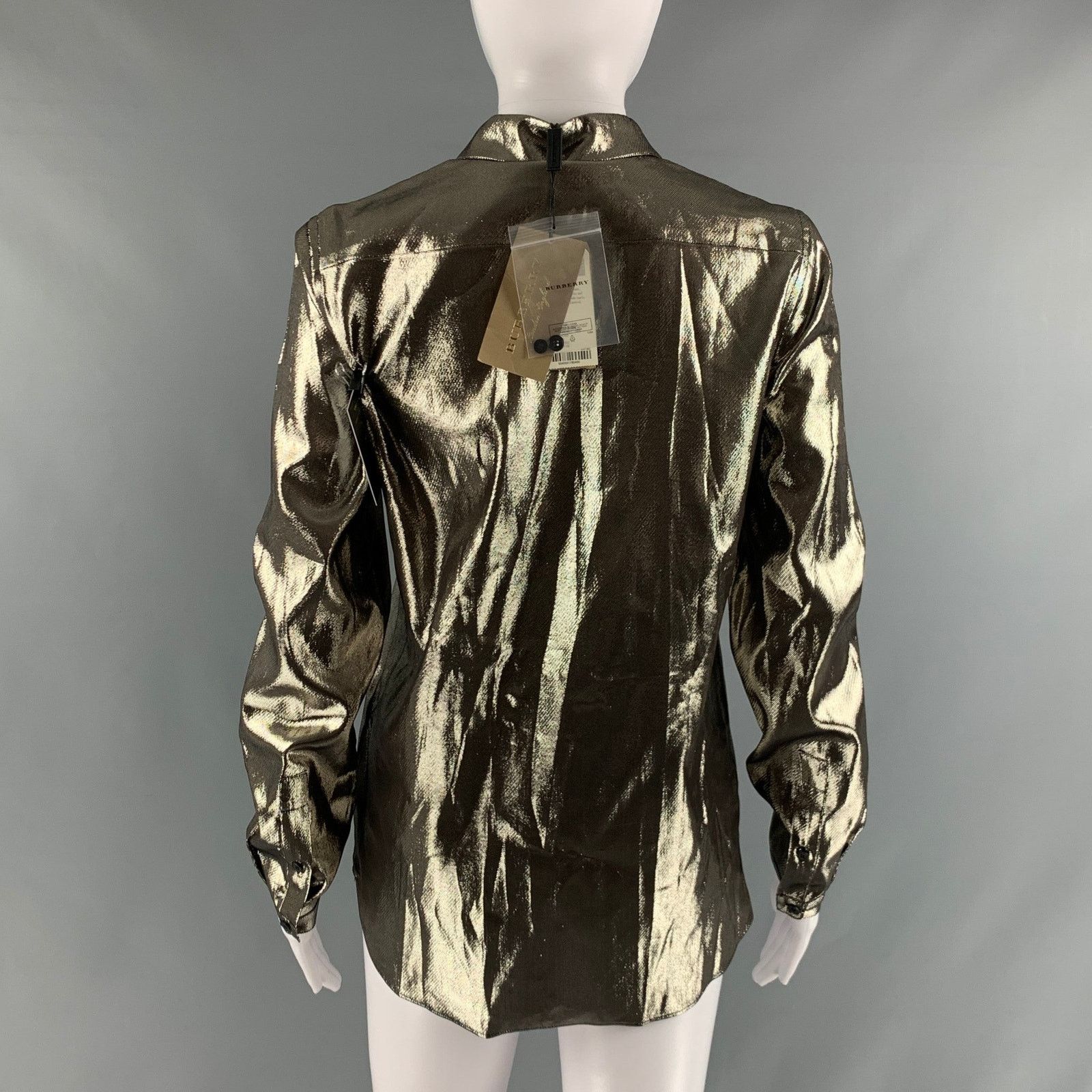 Burberry BURBERRY Size 4 Gold Silk Metallic Button Up Shirt Size S / US 4 / IT 40 - 3 Thumbnail