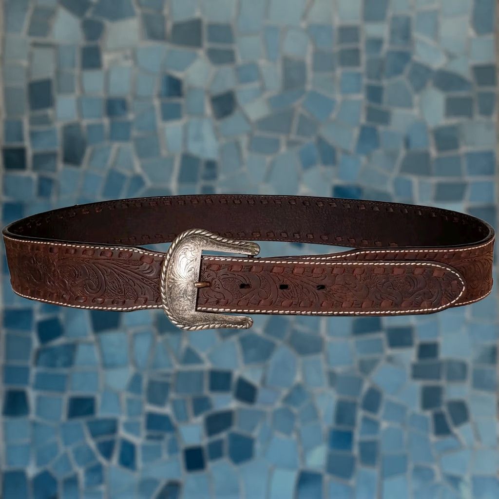 Vintage Nocona Western Belt Brown Leather Embossed Floral Contrast Stitching Men's 38 Size 38 - 1 Thumbnail