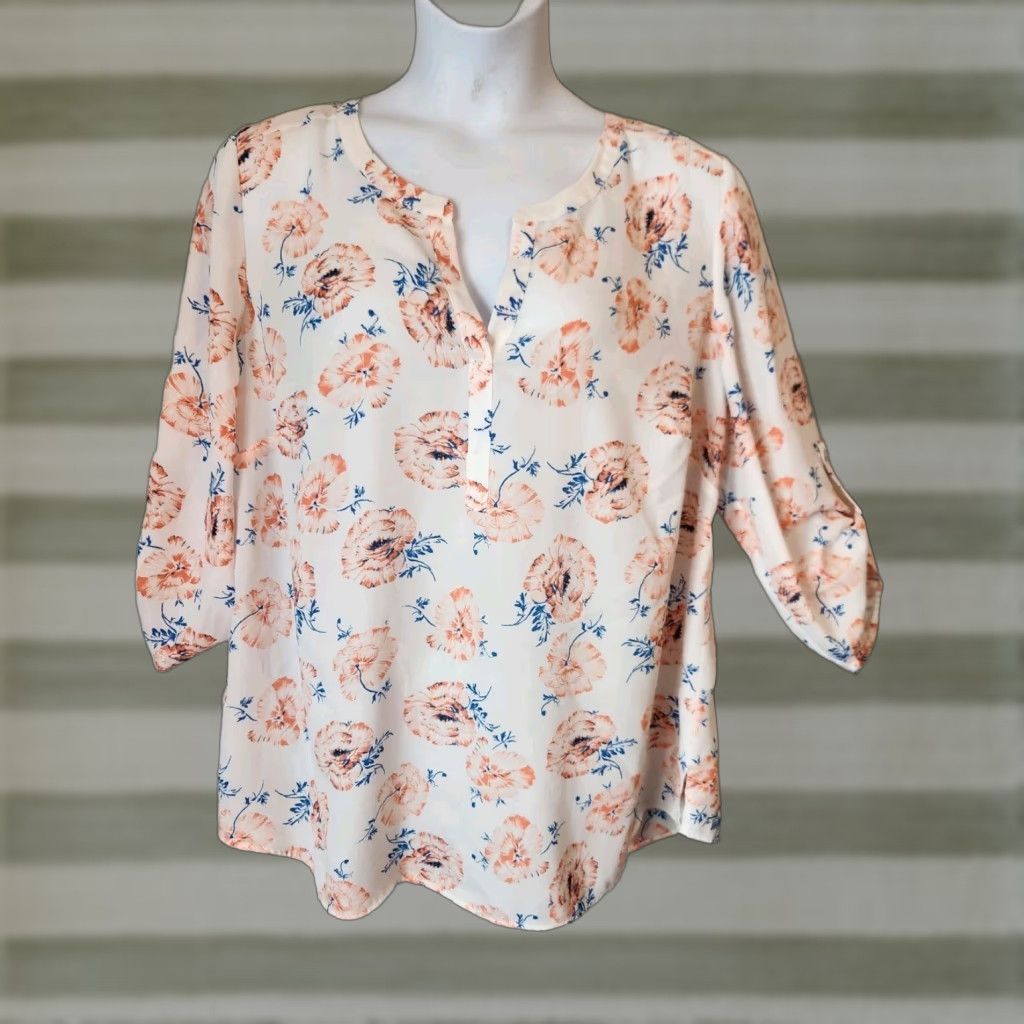 Vintage Daniel Rainn White Floral Print Roll Tab Sleeve Lightweight Top 2X Plus Blouse Ladies Size XXL / US 16-18 / IT 52-54 - 1 Thumbnail