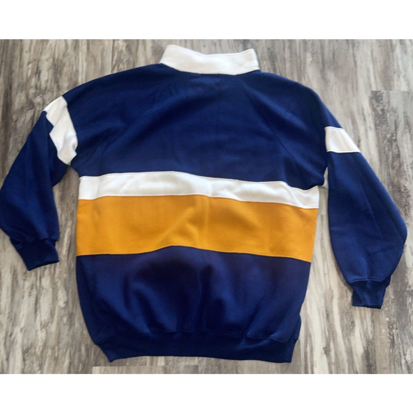 Noah VINTAGE Mister Noah Sweatshirt Women 20W Pullover Mock Neck Striped Nautical Athletic Classic Navy Blue Yellow White Pocket Snaps Fleece Lightweight Size 3XL / US 20-22 - 2 Thumbnail