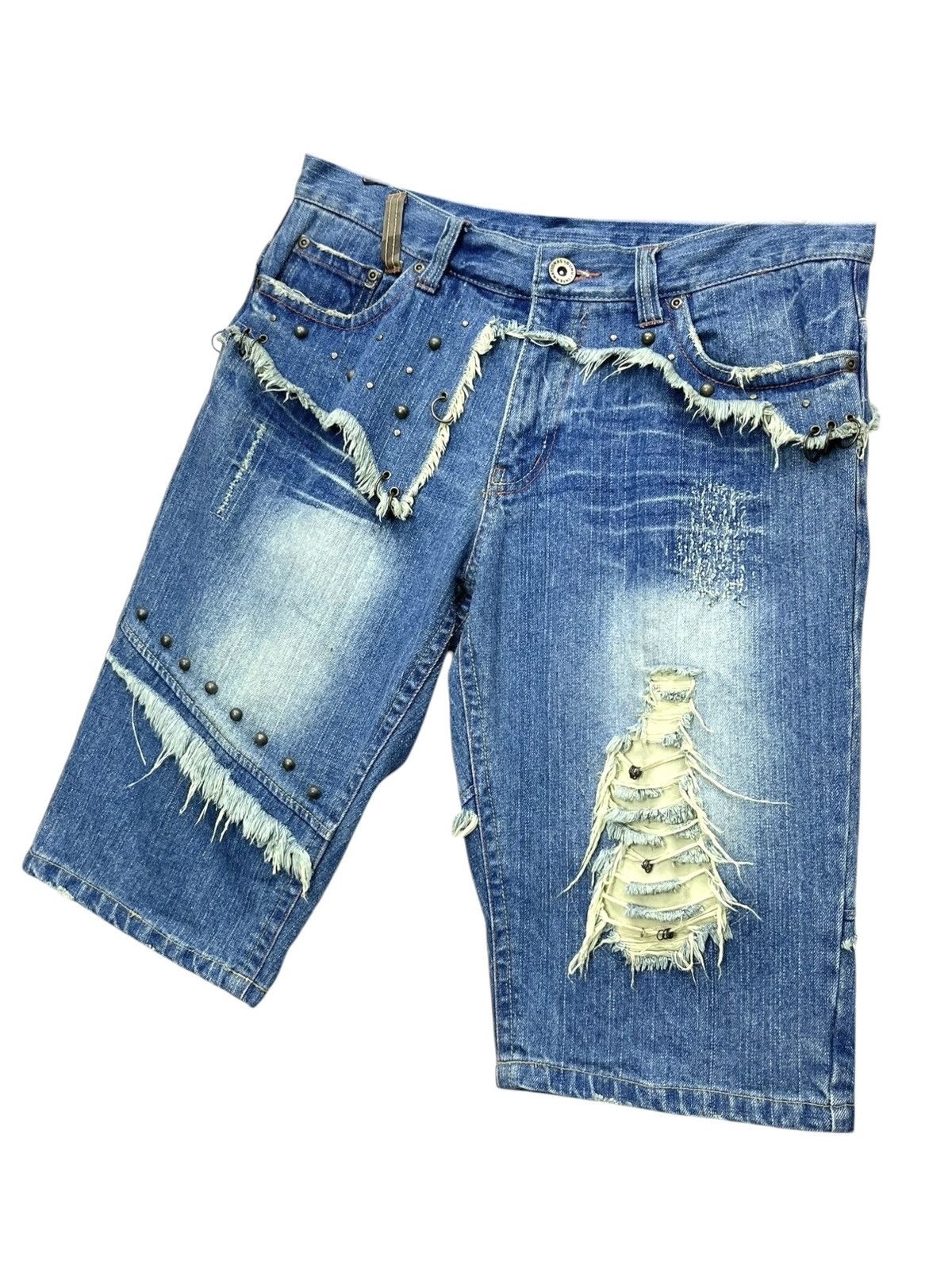 Grunt Style 🔥Grunge Studded Frayed Spliced Piercing Ripped Denim Shorts Size US 32 / EU 48 - 5 Thumbnail