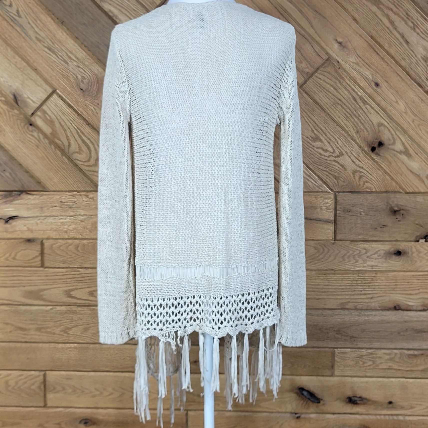 Vintage One Love Womens Top Long Sleeve Fringe Knit Open Cardigan Sweater Beige Size M Size M / US 6-8 / IT 42-44 - 6 Thumbnail