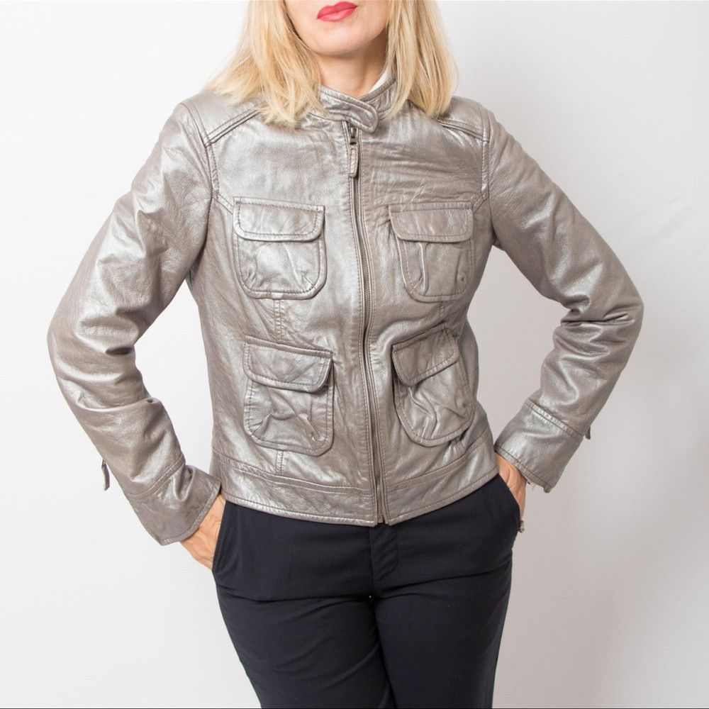BODEN Vintage 90s Y2K Silver Metallic Leather Jacket Racing