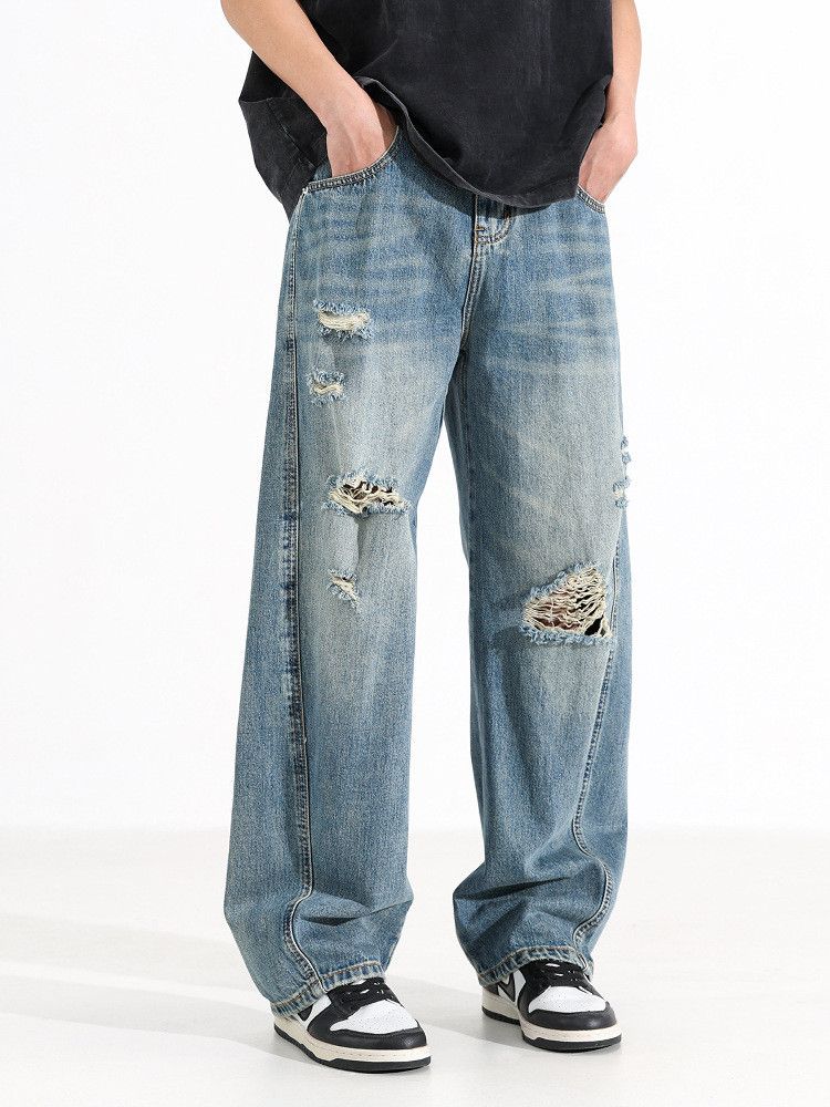Japanese Brand American retro men's loose wide-leg washed ripped jeans Size US 32 / EU 48 - 4 Thumbnail