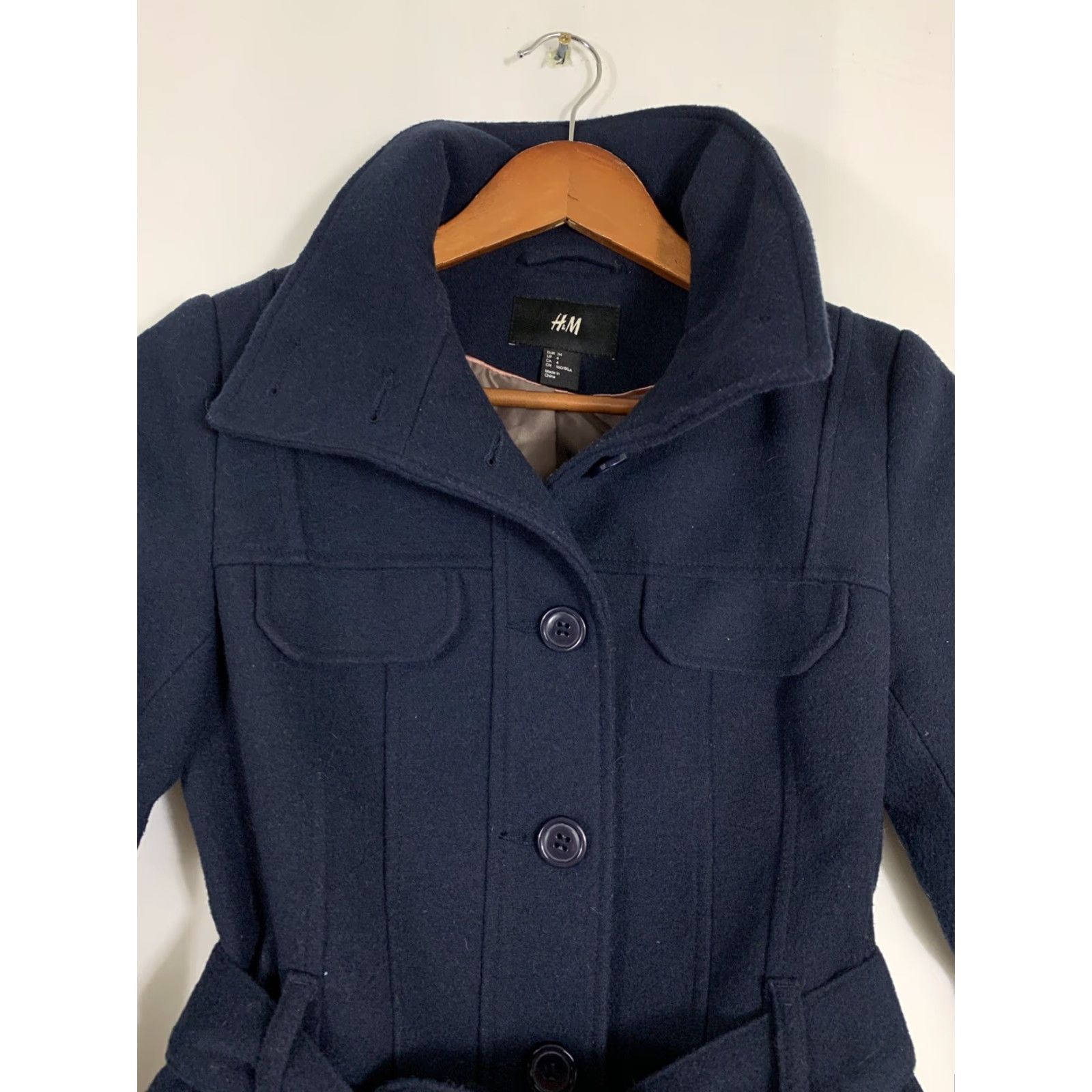 H&M HM Womens Size 4 Navy Blue Belted Button Up Pea Coat Ribbed Winter Jacket Size S / US 4 / IT 40 - 5 Thumbnail