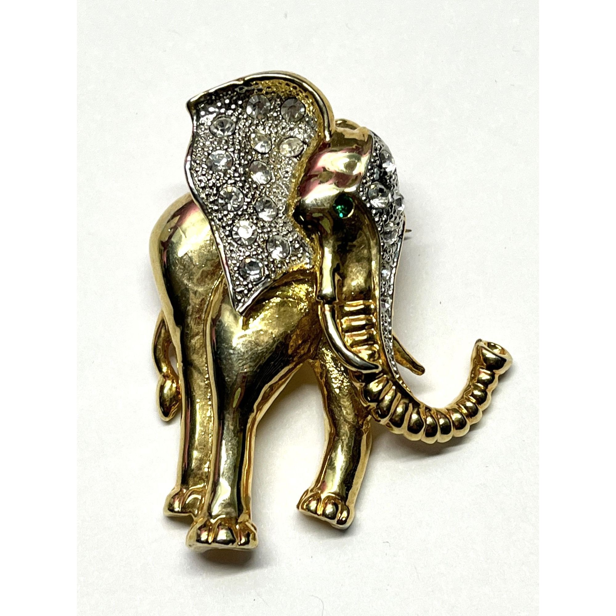 Vintage Rhinestone Gold Elephant Brooch Pin