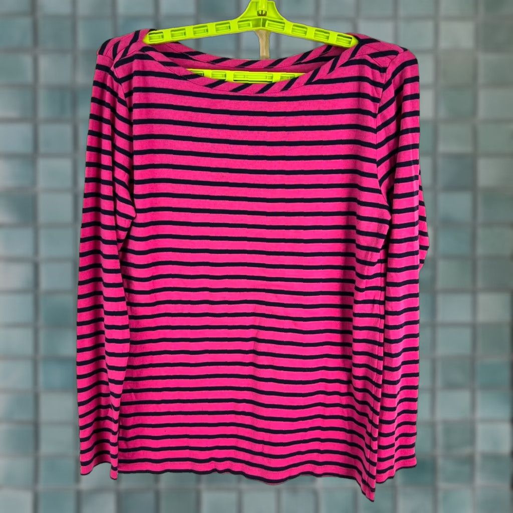 Gap GAP Women's Knit Sweater Top – Striped Long Sleeve, Pink/Blue, Size L, Pullover, All Seasons, Lightweight, Button Detail, Regular Fit Size L / US 10 / IT 46 - 1 Thumbnail