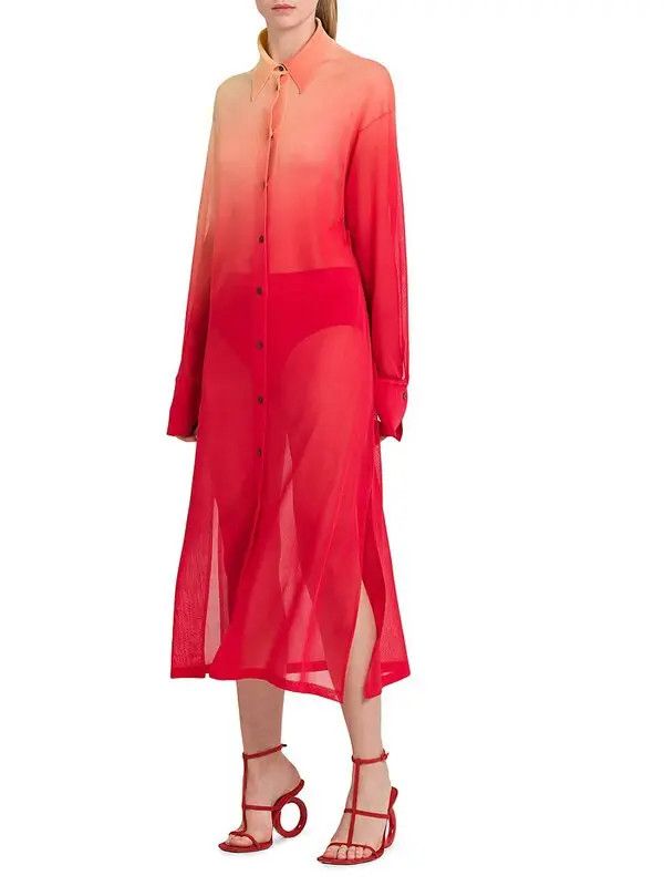 Salvatore Ferragamo o1s1rm0924 Sheer Button Midi Dress in Red/Yellow Size S / US 4 / IT 40 - 4 Thumbnail