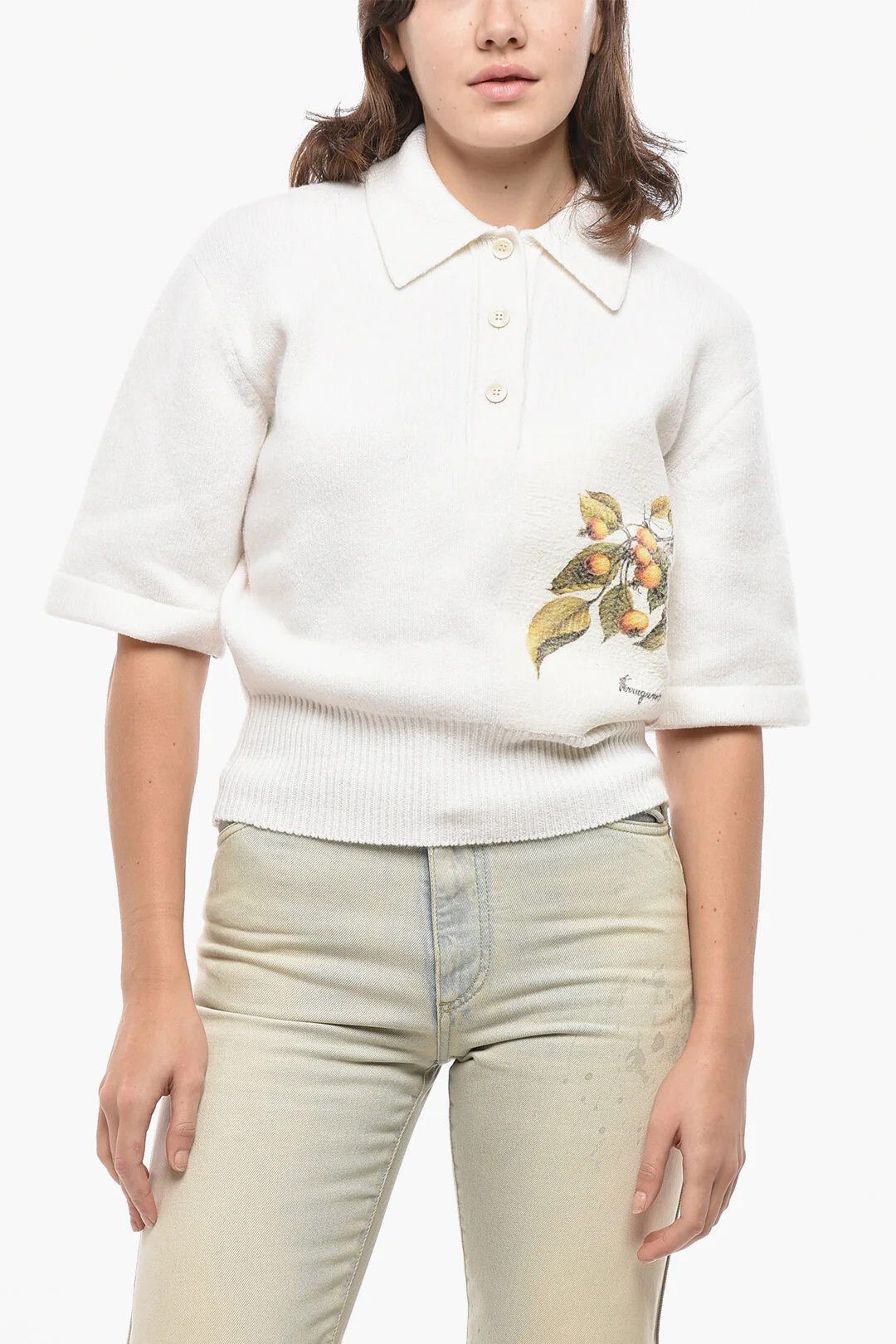 Salvatore Ferragamo og1mm0426 Mixed Cashmere Short-Sleeve Polo Sweater in White Size S / US 4 / IT 40 - 1 Thumbnail