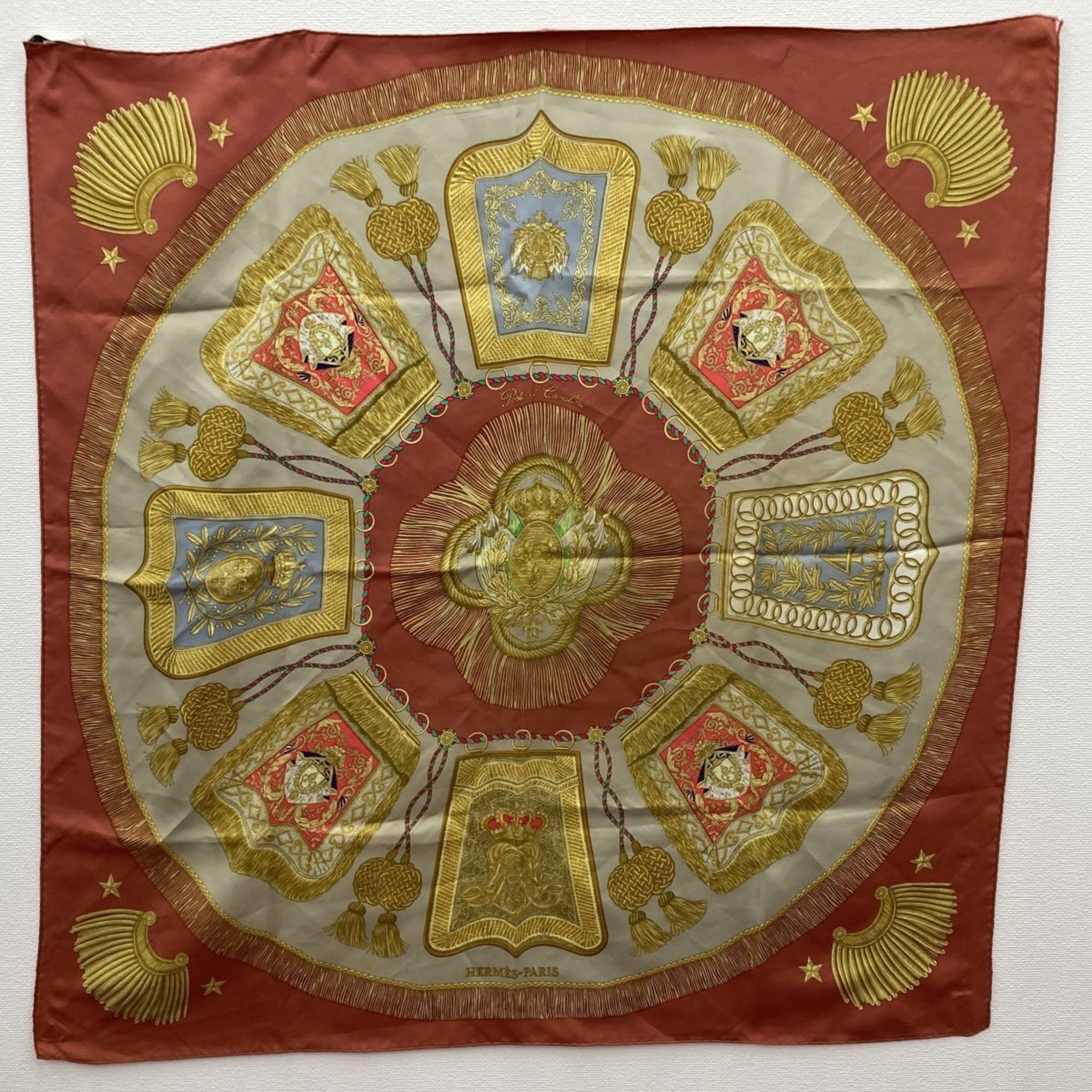 image of Hermes Carre90 Scarf Poste Et Cavalerie Saber Decorative Bag Multicolor Red Silk Ladies Fashion Acc