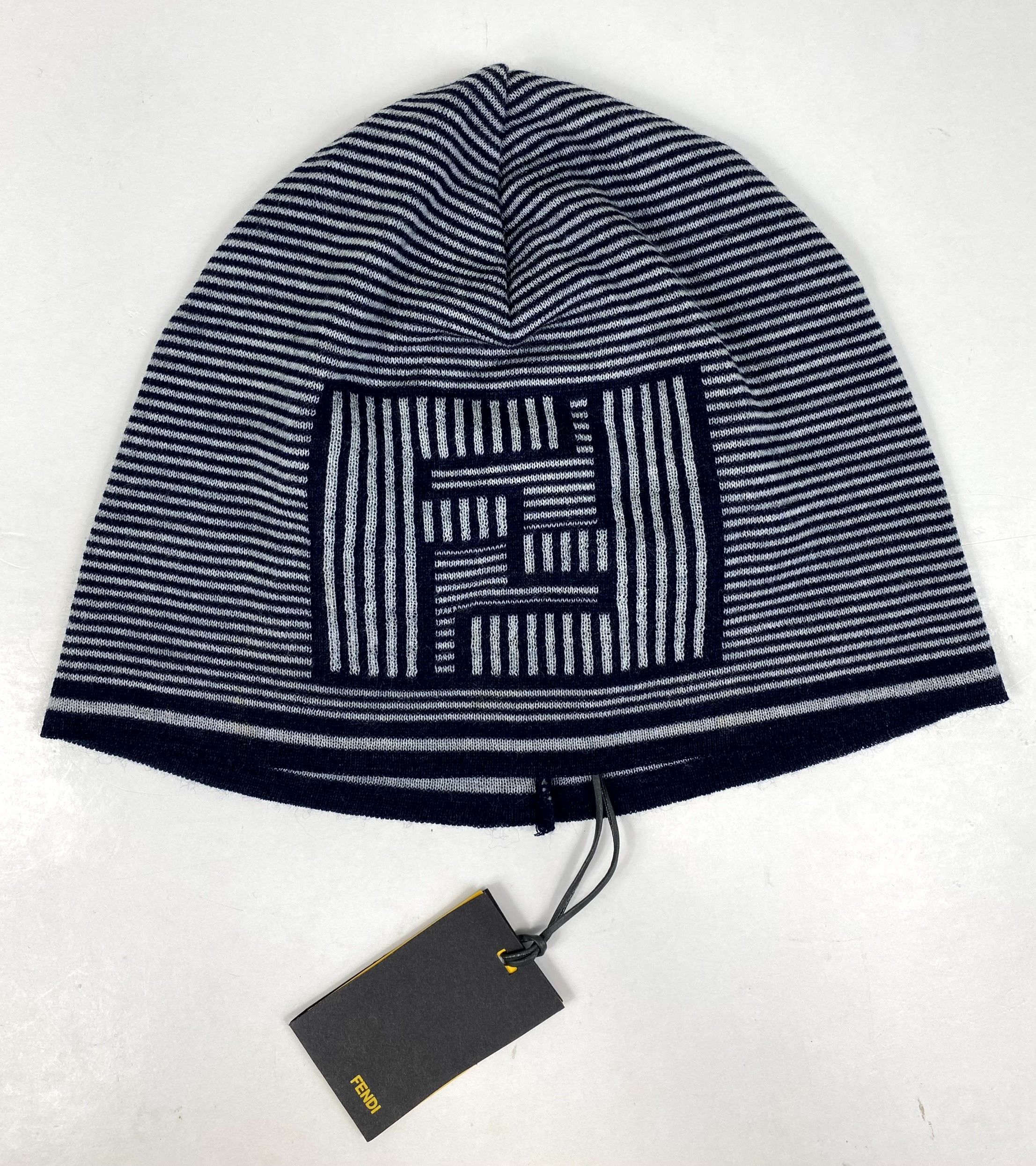 Fendi Beige and Blue Knit Beanie Fendi Logo Wool Beanie - Blue Hats, Accessories - FEN350529  main image 3