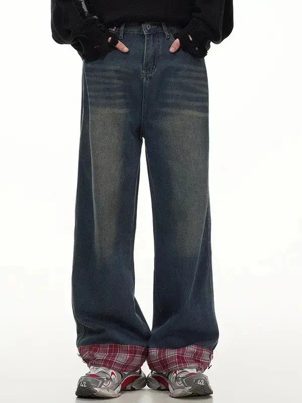 Japanese Brand Retro loose straight tube plaid jeans Size US 32 / EU 48 - 4 Thumbnail