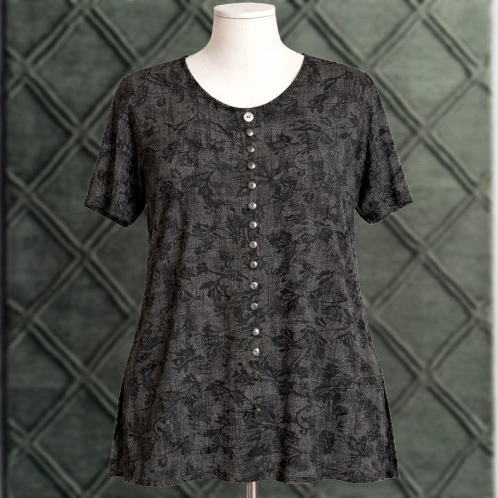 Vintage VINTAGE Fashion Bug Blouse Shirt Women XL Gray Black Floral Short Sleeve Round Neck Pullover Knit Polyester Size XL / US 12-14 / IT 48-50 - 1 Thumbnail