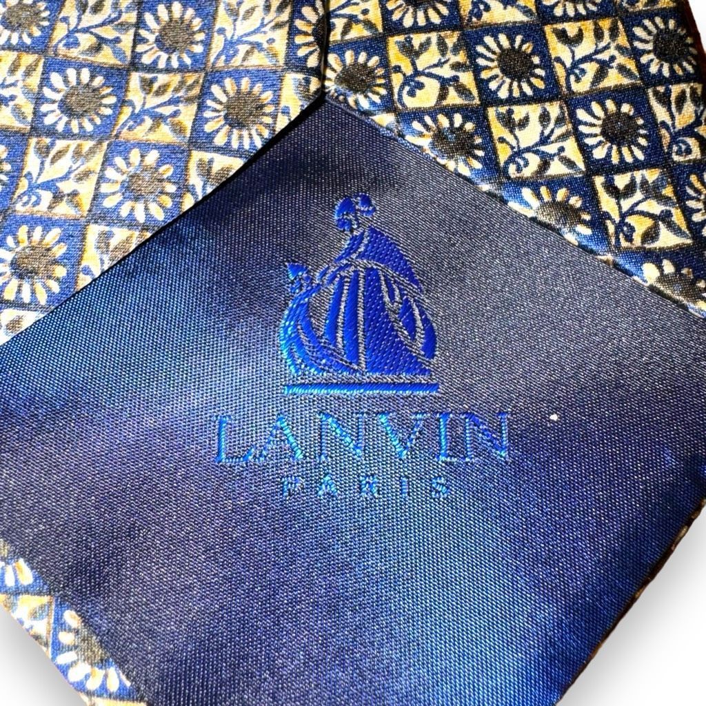 Lanvin Lanvin Navy & Gold Flower Checkerboard Handmade 100% Silk Ti Size ONE SIZE - 5 Thumbnail