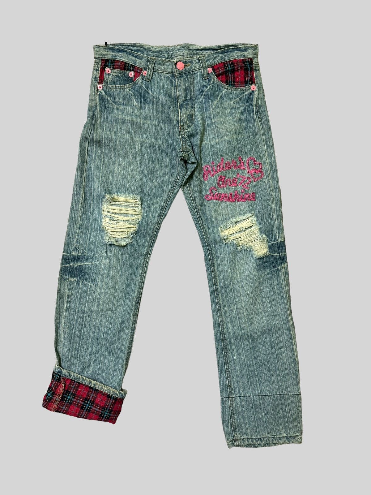 Hysteric Glamour × Japanese Brand Distressed Tartan Embroidery Junya Watanabe Denim Jeans Size US 30 / EU 46 - 1 Thumbnail