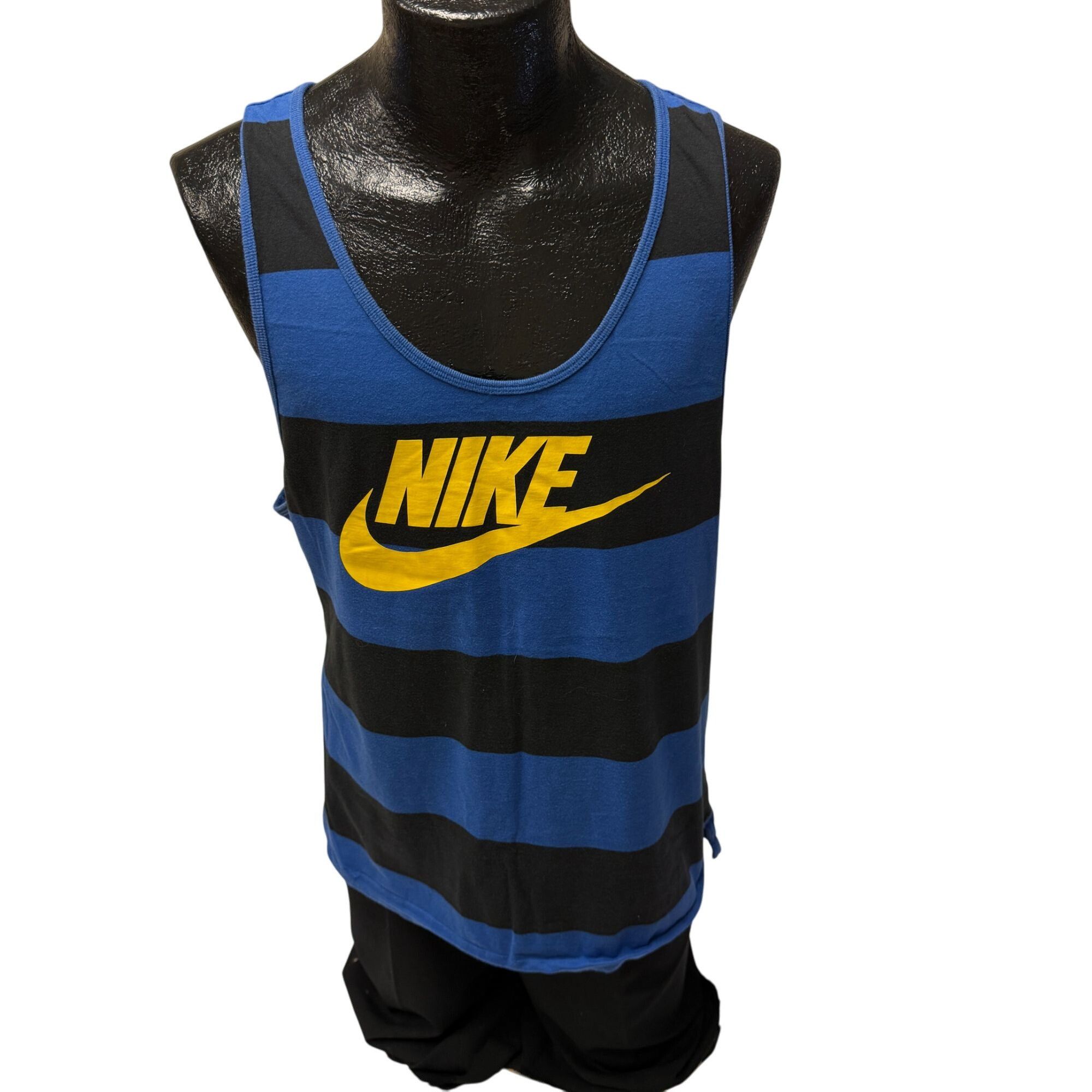 90's Nike Blue Stripe Tank Top Yellow Spell Out Muscle Shirt