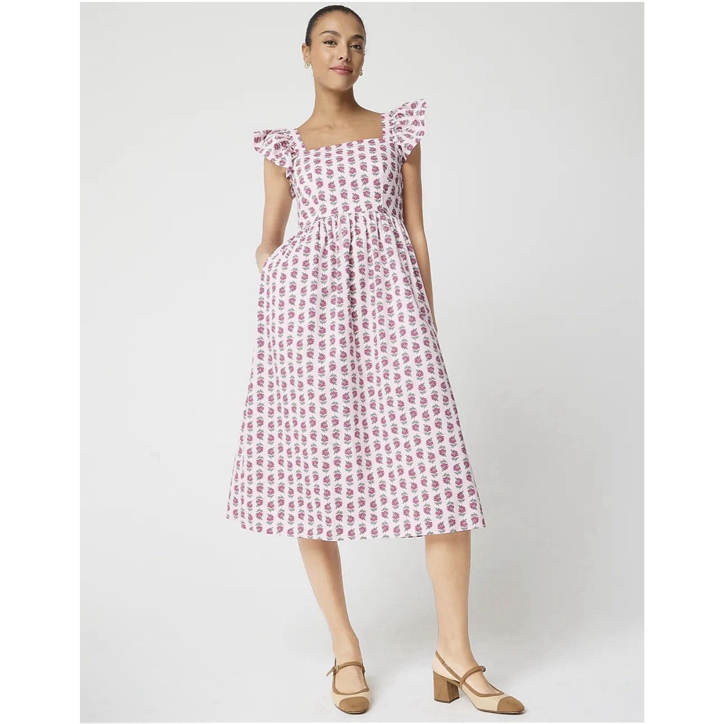 J.Crew J.Crew Floral Midi Dress Pink Ruffle Sleeve Square Neck 6P Size S / US 4 / IT 40 - 1 Thumbnail