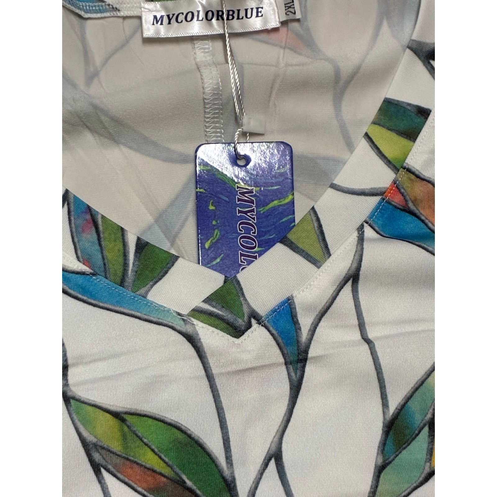 The Unbranded Brand My Color Blue Shirt With Colorful Leaves On It Size XXL Size XXL / US 16-18 / IT 52-54 - 3 Thumbnail