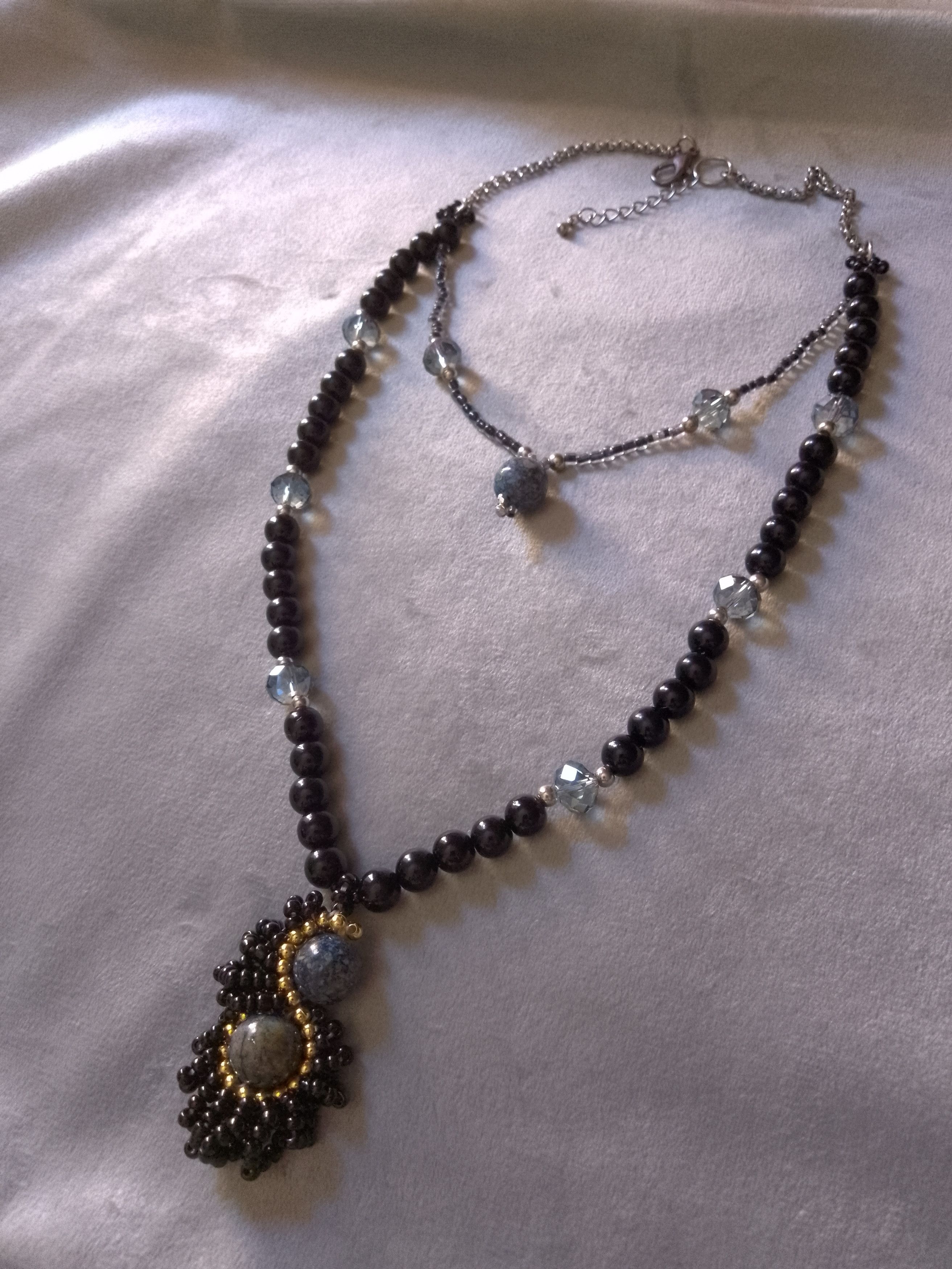 Handmade Long Black Necklace Lapis lazuli gemstone Double Thread Size ONE SIZE - 3 Thumbnail
