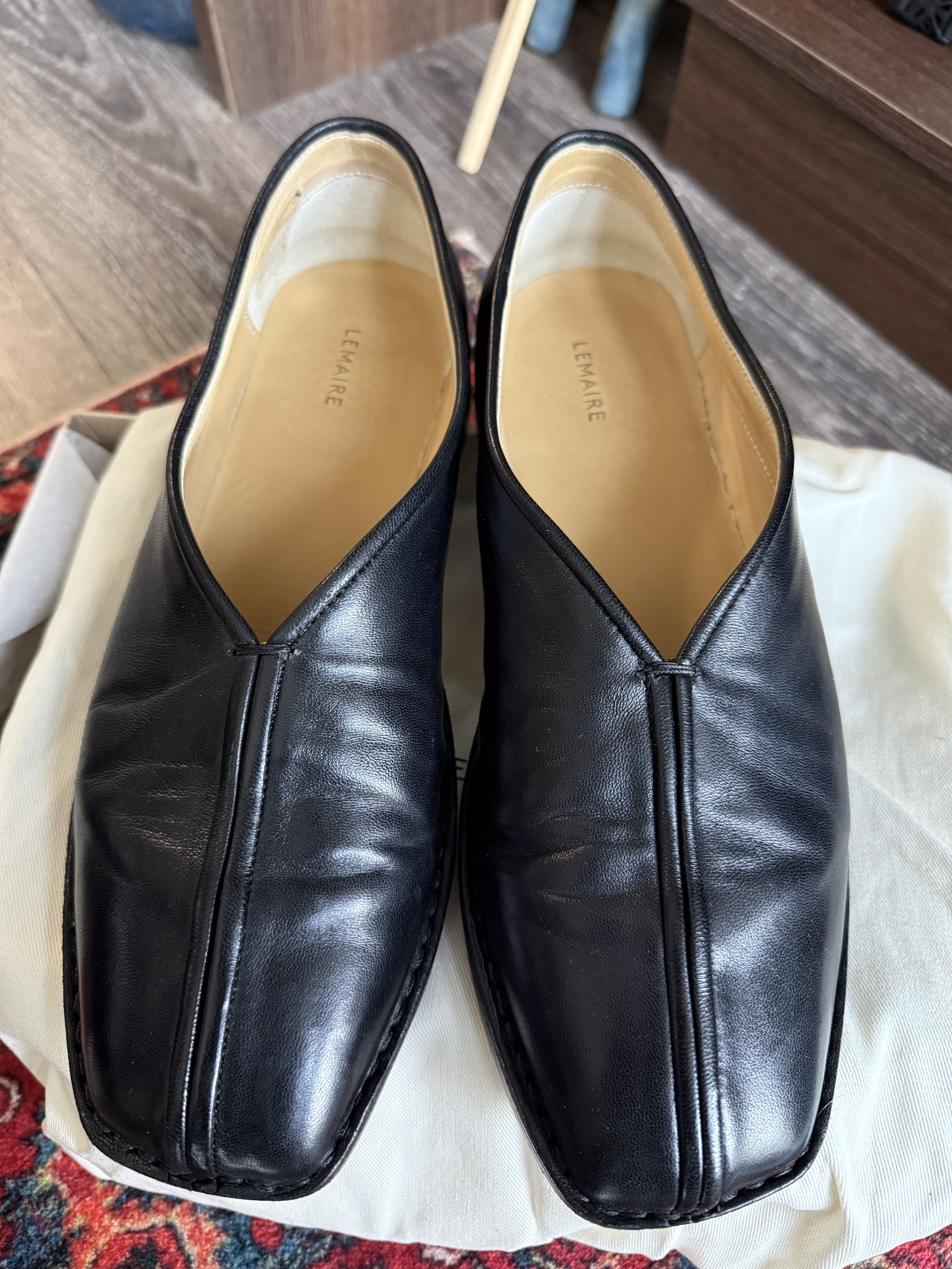 LEMAIRE Black Leather Square Toe Men's Dress Loafers Slip On