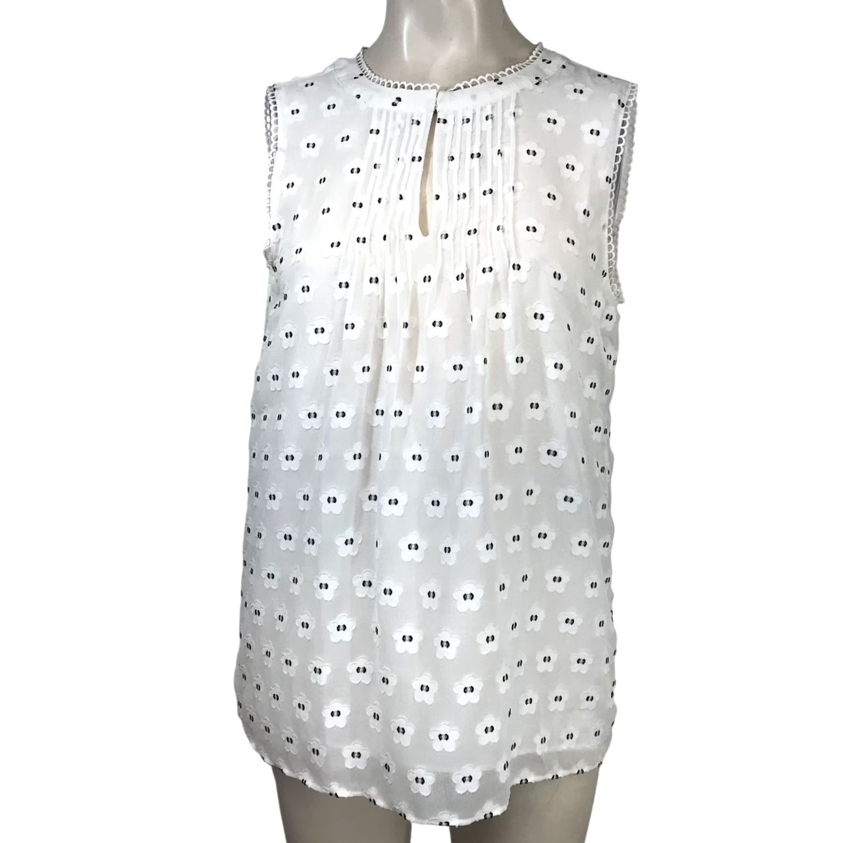 Ann Taylor ANN TAYLOR Blouse Womens S White Sleeveless V Neck Floral Tan Top Size S / US 4 / IT 40 - 2 Thumbnail