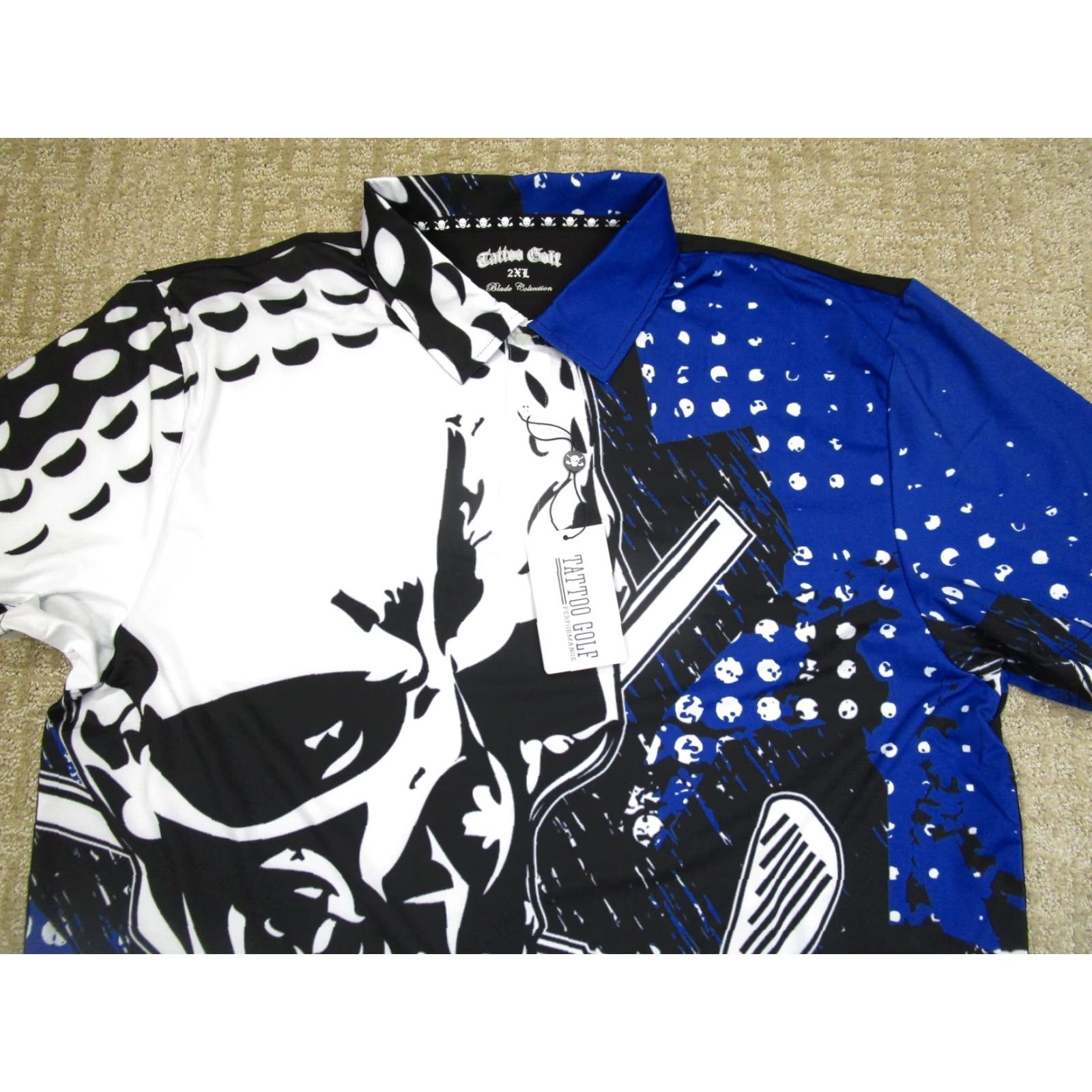 Vintage Tattoo Golf Polo Shirt Mens 2XL Blue Blade Skull Graphic Performance Golf Print Shirt Size US XXL / EU 58 / 5 - 2 Thumbnail