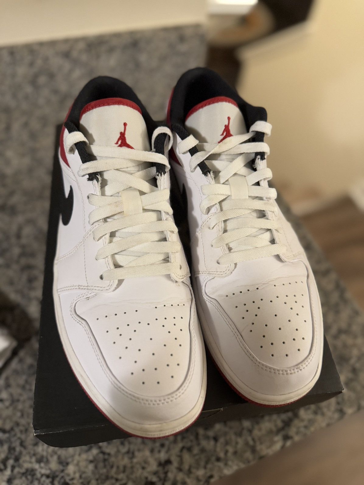 Jordan Brand × Nike Jordan 1 Low White Red Pre Owned W Box Size 11.5 Size US 11.5 / EU 44-45 - 4 Thumbnail