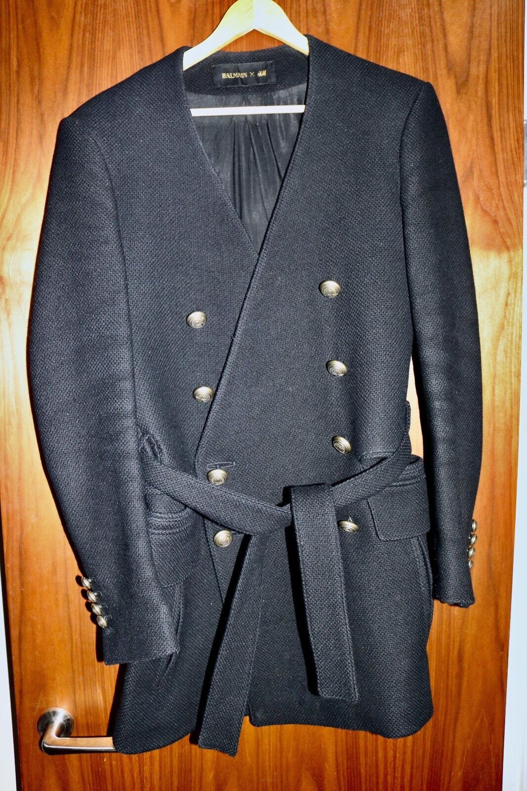 image of Balmain x H&m Double Breasted Coat in Black, Men's (Size Small)