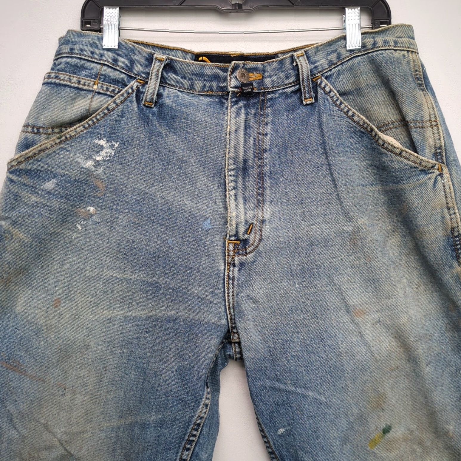Nautica VINTAGE Nautica Jeans Mens 34x34 Denim Blue Distressed Carpenter Jeans Wide-Leg 90s Nautical Logo Mens Size US 34 / EU 50 - 2 Thumbnail