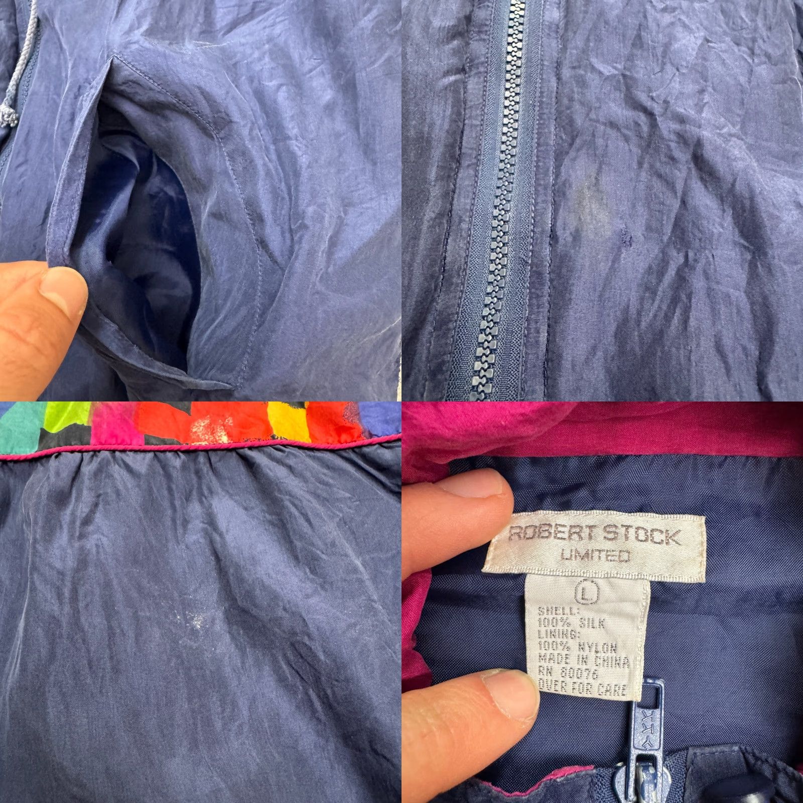 Vintage Vintage Robert Stock Silk Windbreaker Jacket Mens L Blue 90s Retro All Seasons Pockets Zip Front Short Length Regular Fit Size US L / EU 52-54 / 3 - 8 Thumbnail