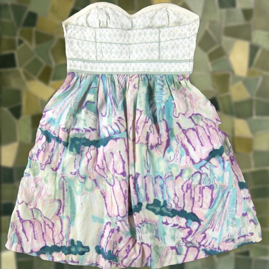 Vintage Kimchi Blue Cotton Green Ivory Purple Floral Abstract Pocket Strapless Dress 4 Size S / US 4 / IT 40 - 1 Thumbnail