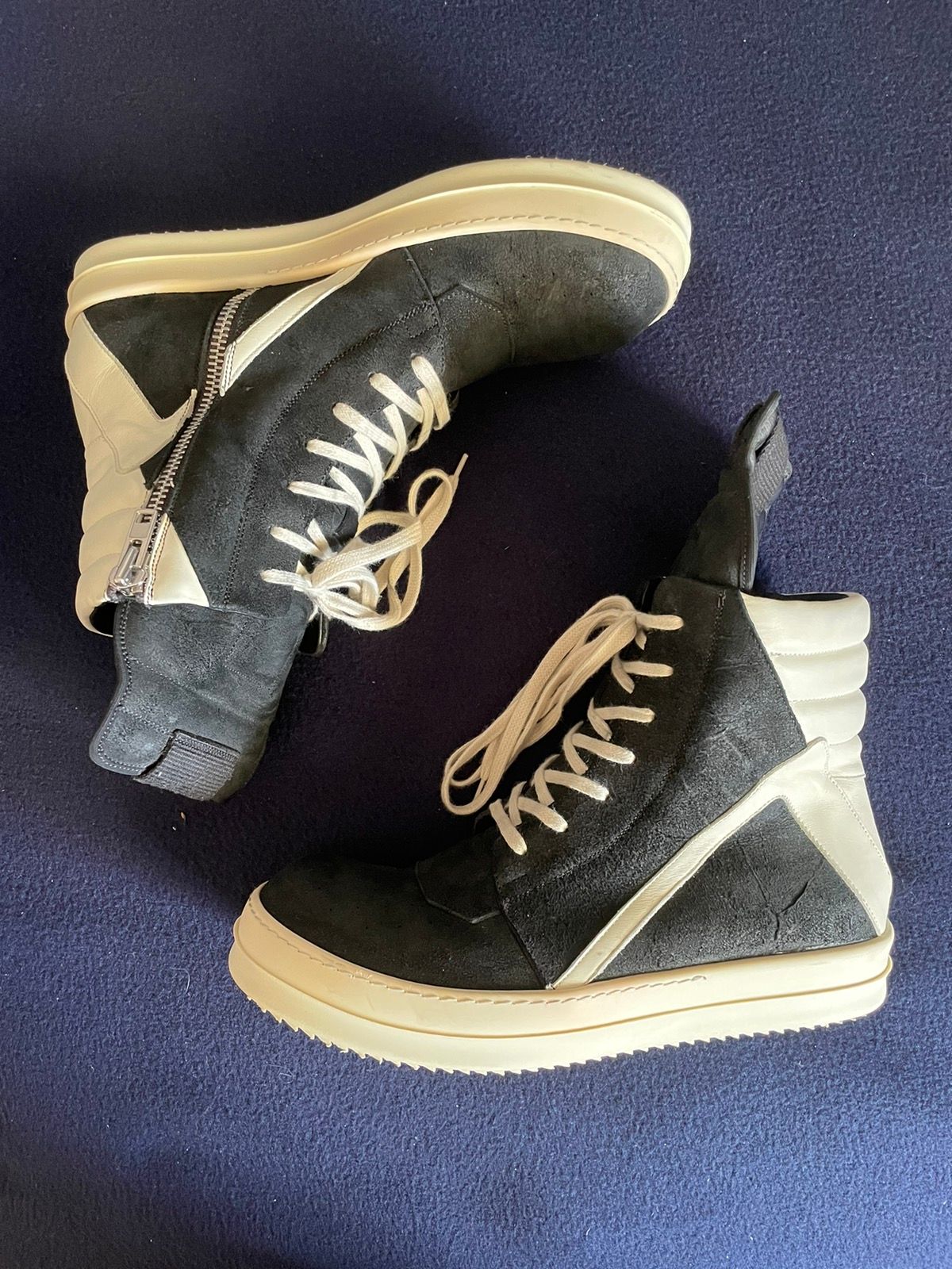 Pre-owned Rick Owens Geobaskets Blistered Suede Leather Black White Shoes