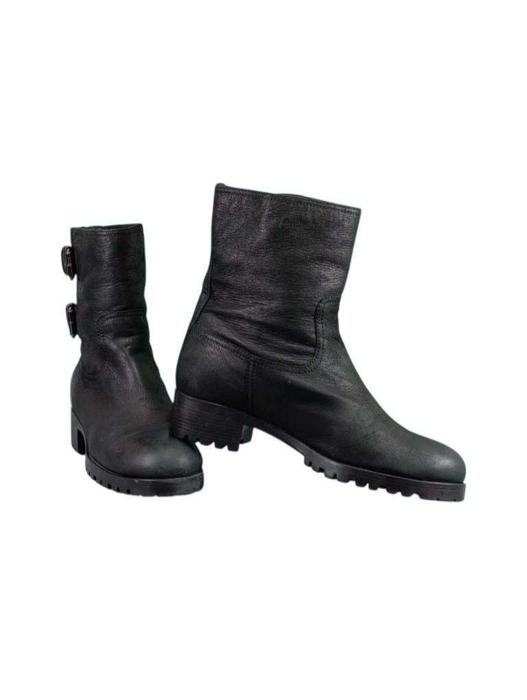 Prada black leather biker boots buckle high