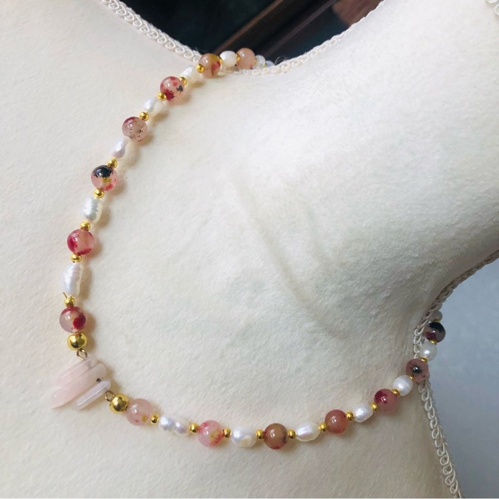 Handmade Handcrafted genuine pink quartz pink tourmaline pearl neckla Size ONE SIZE - 1 Thumbnail