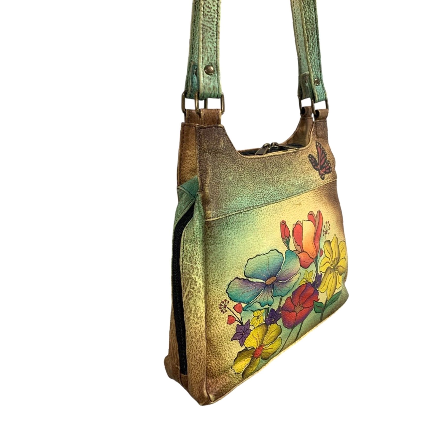Vintage VINTAGE Anuschka Flower Leather 3 Compartment Shoulder Bag Hand-Painted USA Women Leather Shoulder Bag 9"h 10.5"l 3.25"d Green Size ONE SIZE - 2 Thumbnail