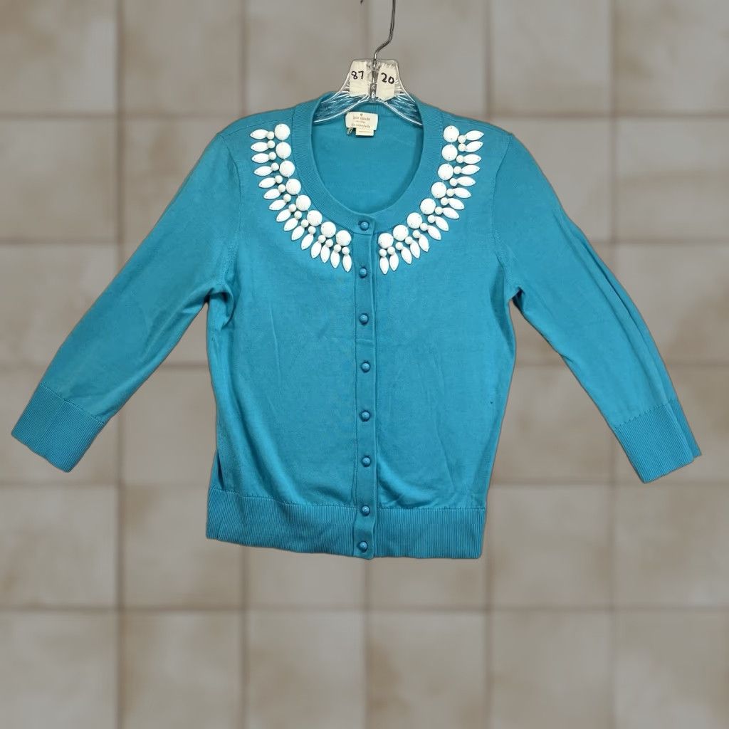 Vintage VINTAGE Kate Spade Women's Top Cotton Long Sleeve Beaded Button Up Small Hole Casual Blue 90s Size S / US 4 / IT 40 - 1 Thumbnail
