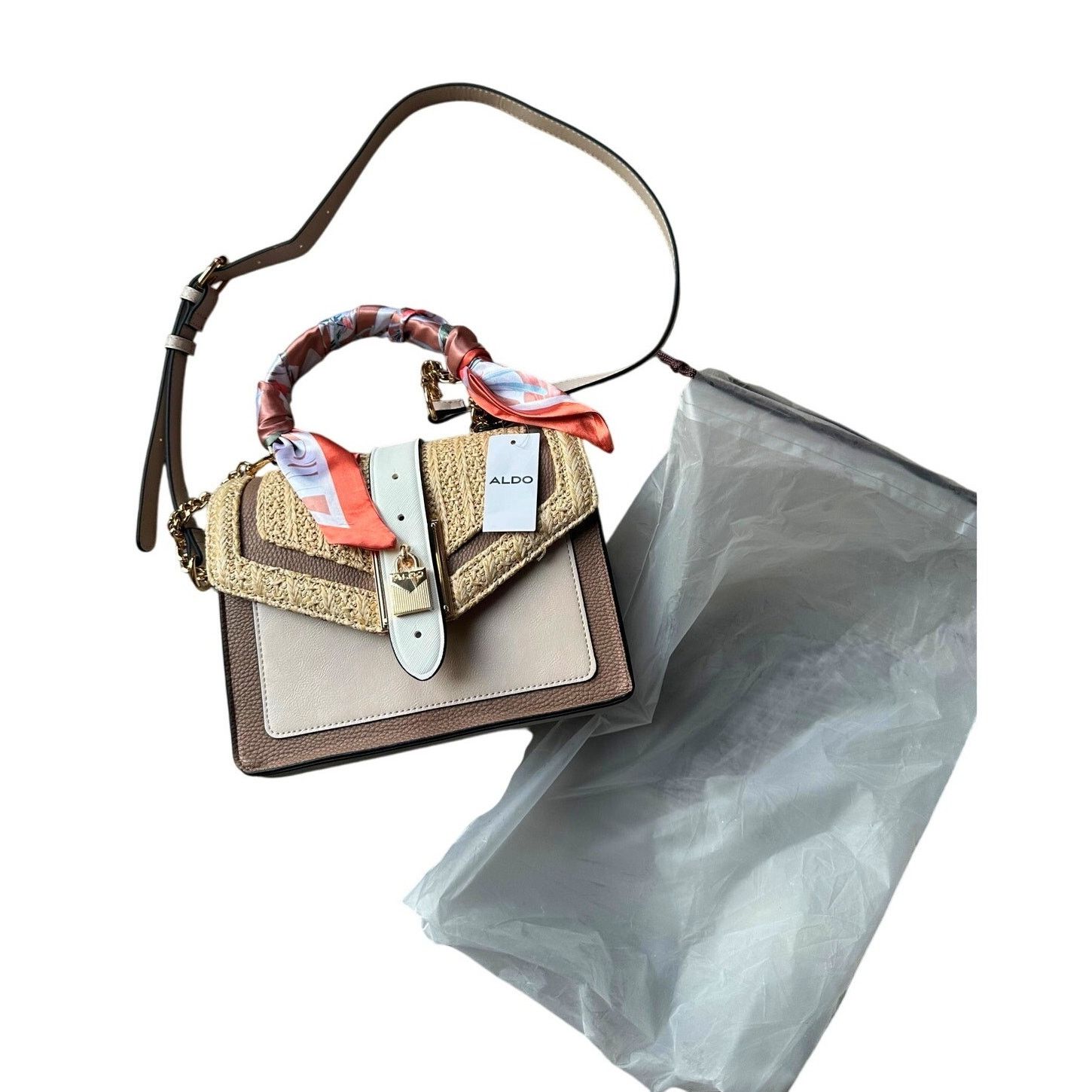 Aldo ALDO Satchel Beige & Taupe Straw Flap Bag w Melon Twilly Size ONE SIZE - 9 Thumbnail
