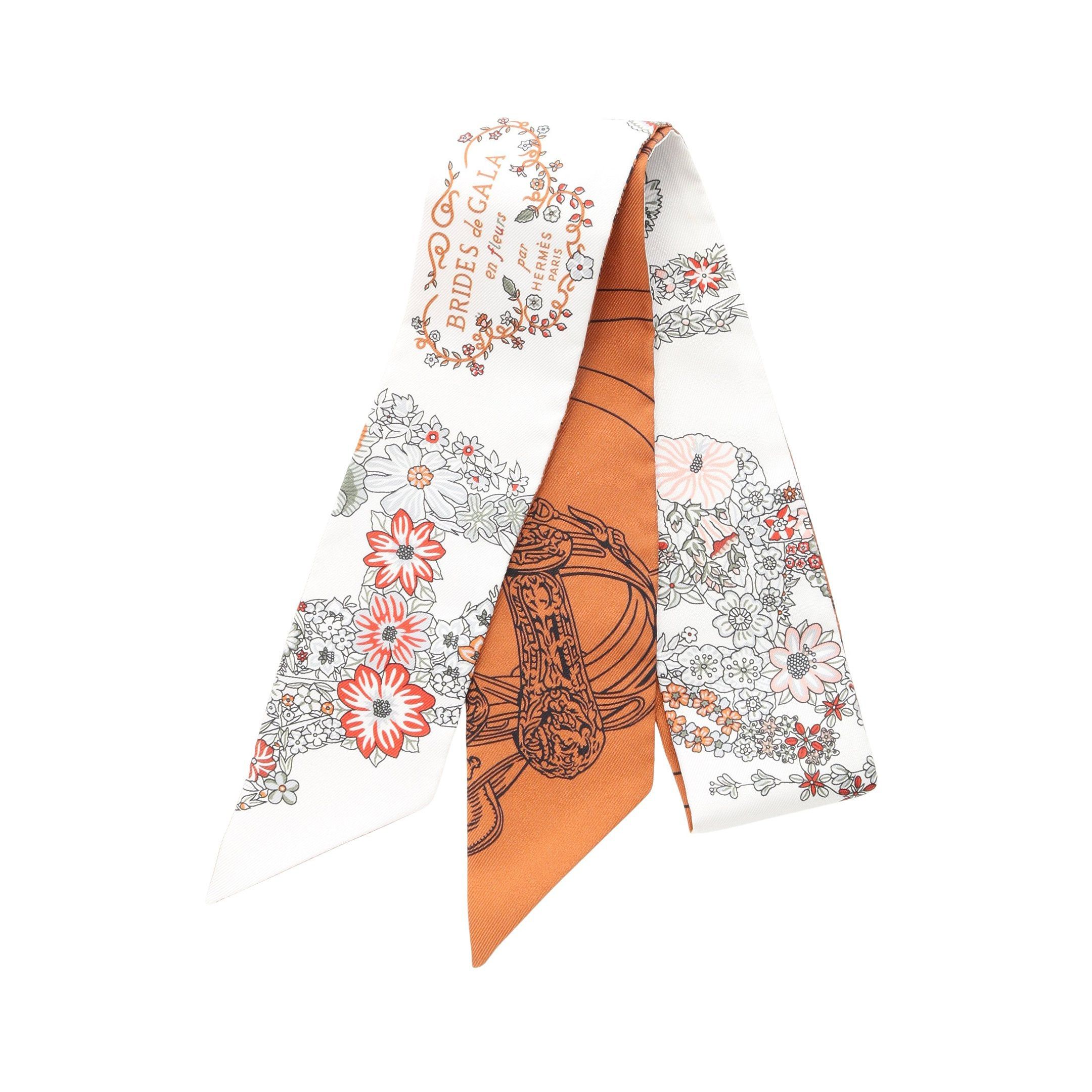 Hermes Hermes Twilly Brides De Gala En Fleurs Ribbon Scarf Silk White Light Brown Size ONE SIZE - 1 Thumbnail
