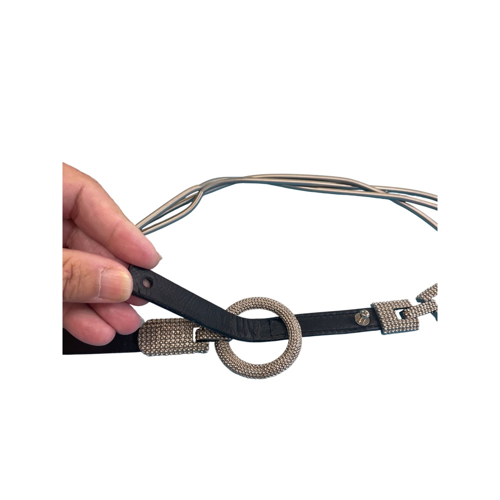 Vintage Vintage Black Leather & Silver-Tone Metal womans fashion Bel Size ONE SIZE - 9 Thumbnail