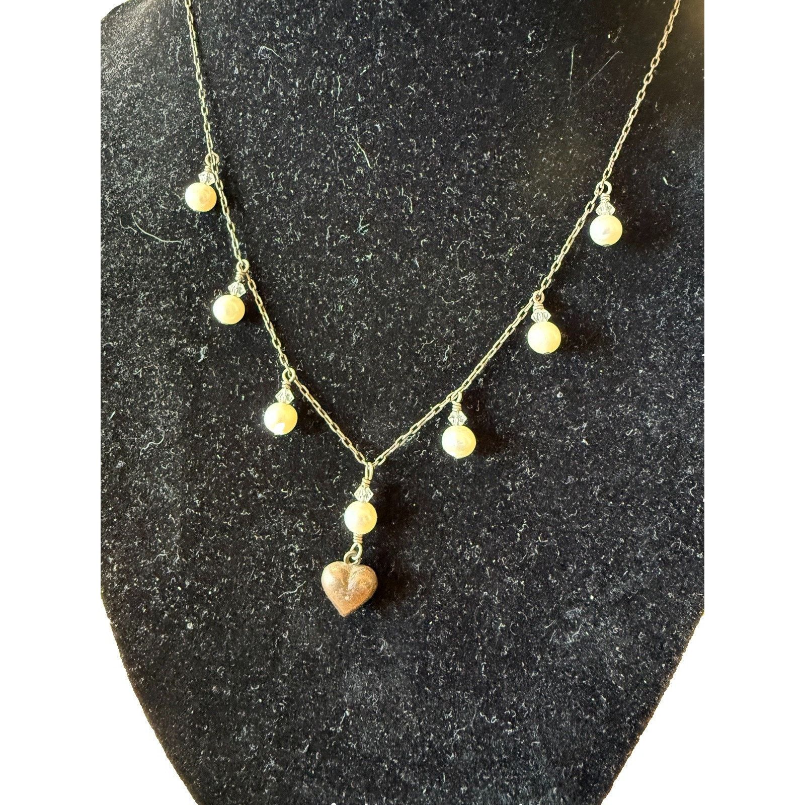 Other Vintage Sterling Silver Heart Drop Pearl & Crystals Necklace Size ONE SIZE - 3 Thumbnail