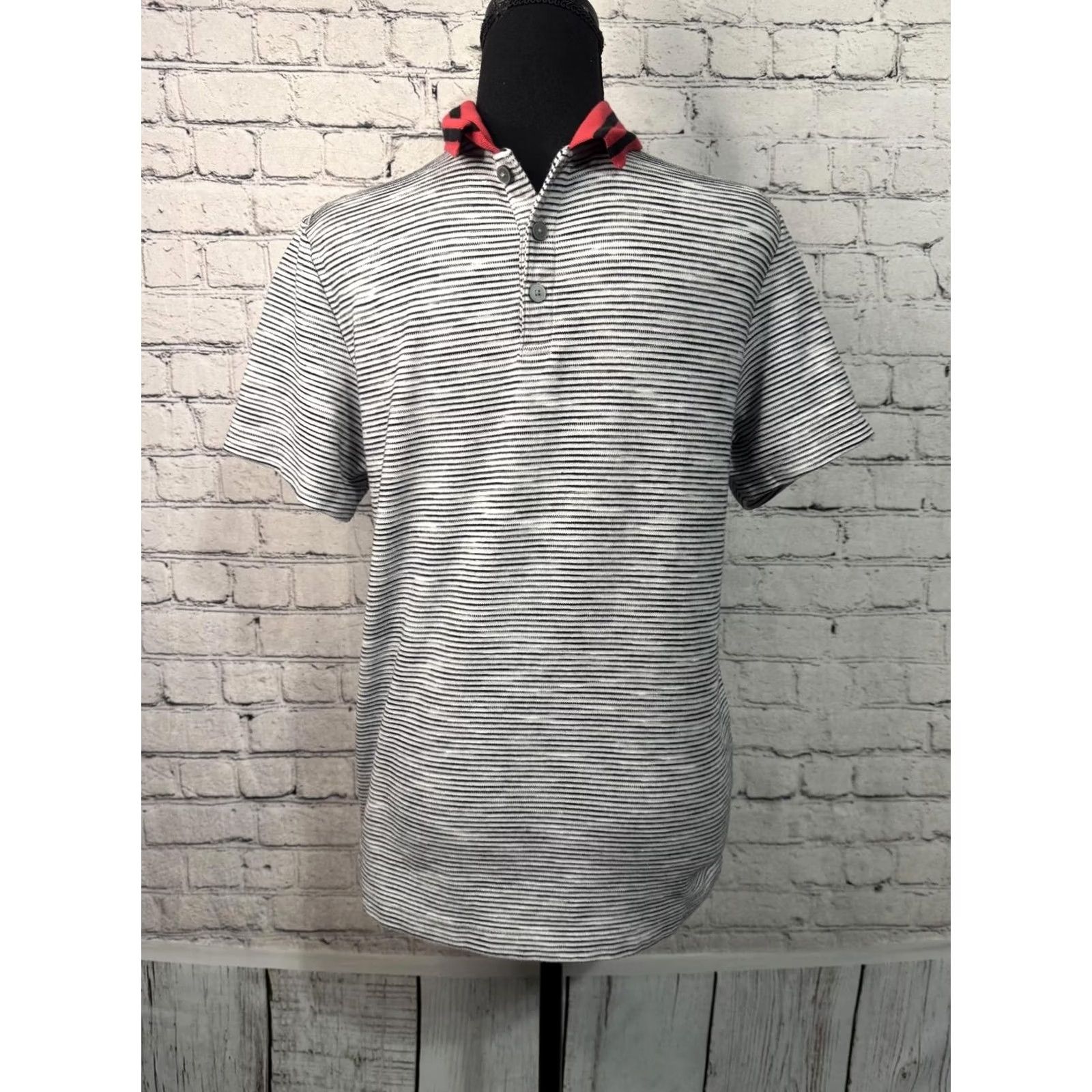 Alfani Alfani Men's Polo Shirt S White Striped Button-Down Collar Red Black Accent Short Sleeve Button-Up Regular Cotton Mens Size US S / EU 44-46 / 1 - 6 Thumbnail
