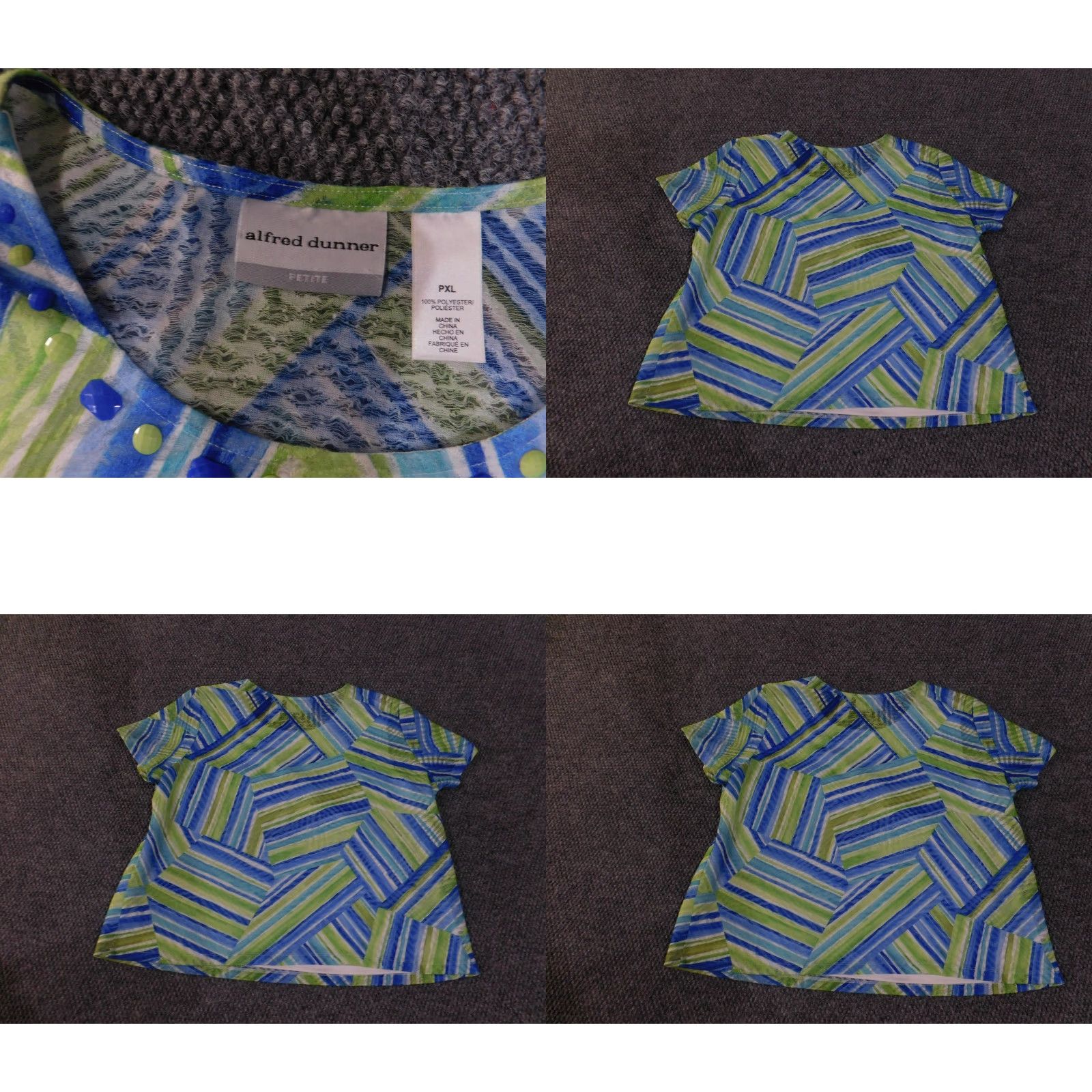 Vintage Alfred Dunner Shirt Womens PXL Blue Green Stripe Print Short Sleeve Beaded Neckline Petite Blouse Size XL / US 12-14 / IT 48-50 - 8 Thumbnail