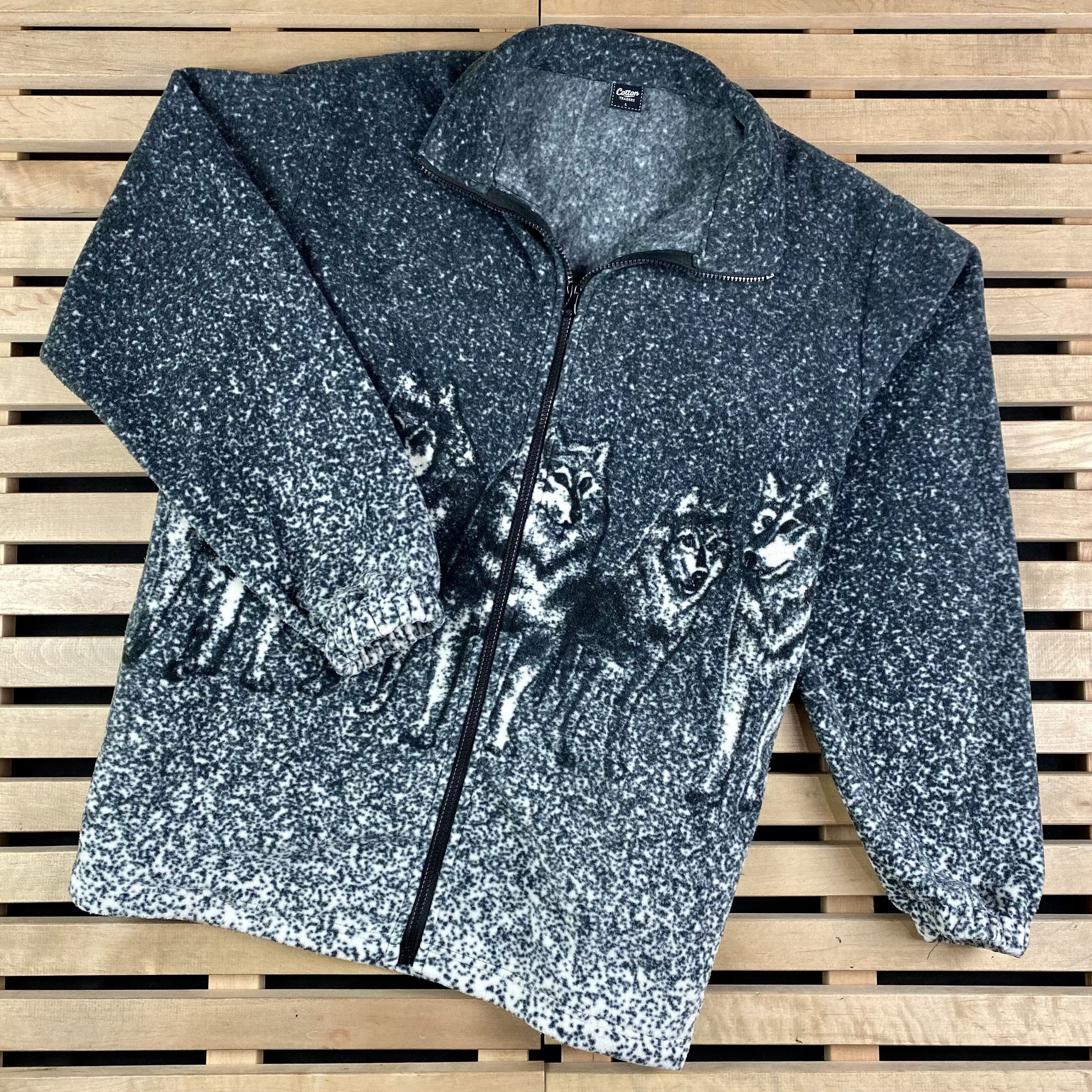 Mens Fleece Bomber Jacket Wolf Vintage Size L