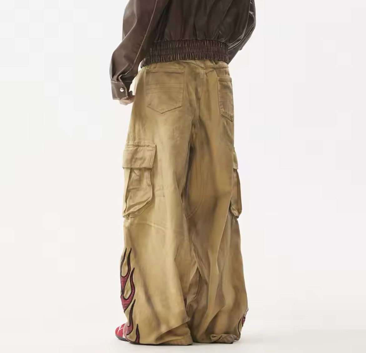 Vintage Khaki Flame Embroidery Wide Leg Jean