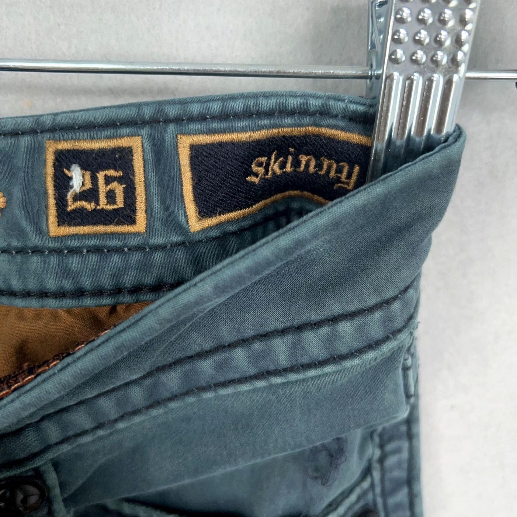 Vintage Rock Revival Jeans Womens 26 Green Denim Karla Skinny Embroidered 90s Y2K Distressed Rhinestone Tailored Logo Pocket Leather Patch Bagged Size 26" / US 2 / IT 38 - 6 Thumbnail