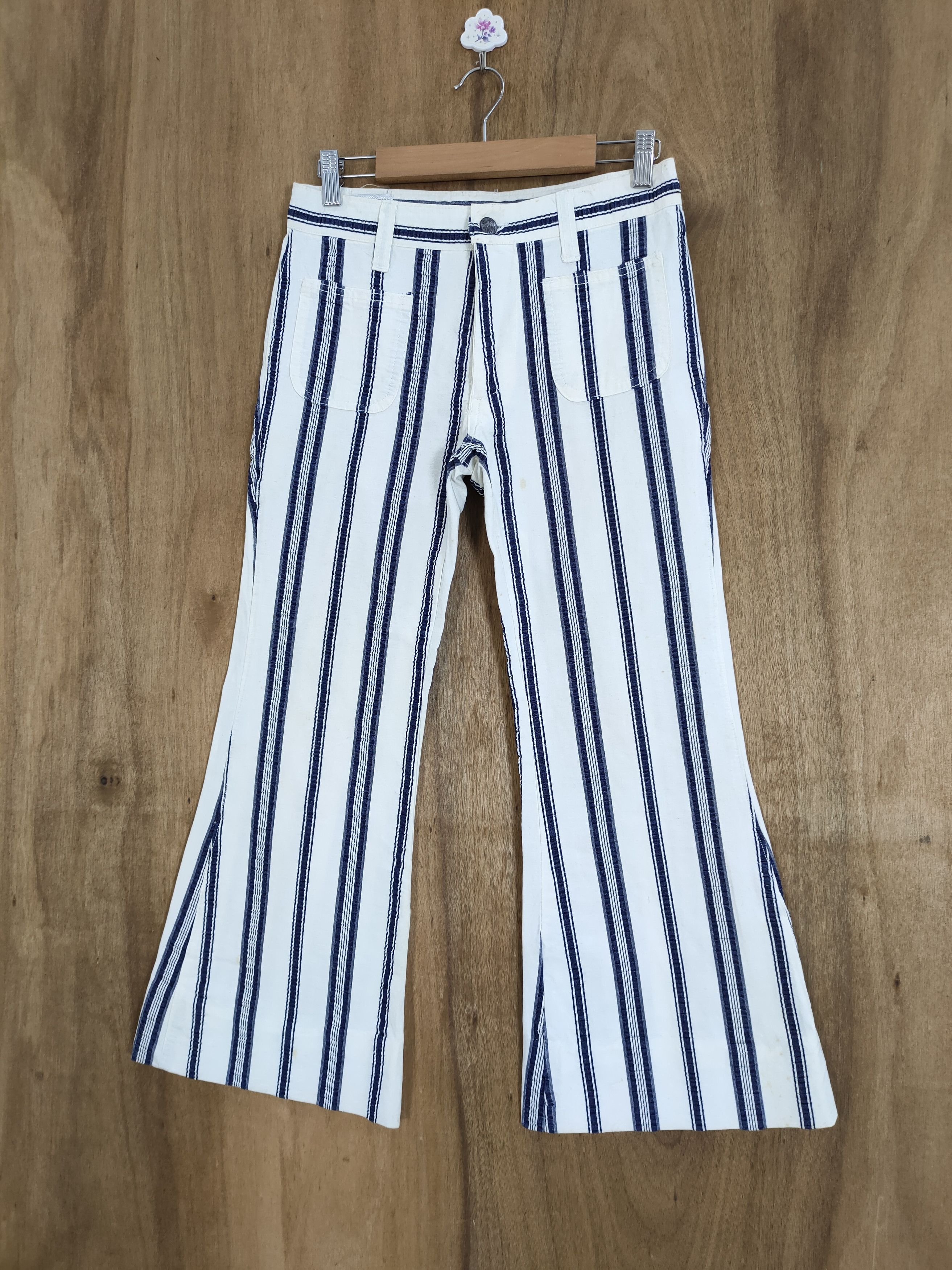 image of Japan Blue x Over The Stripes Vintage Blue Way Talon Stripe Flared Pants in White, Men's (Size 28)
