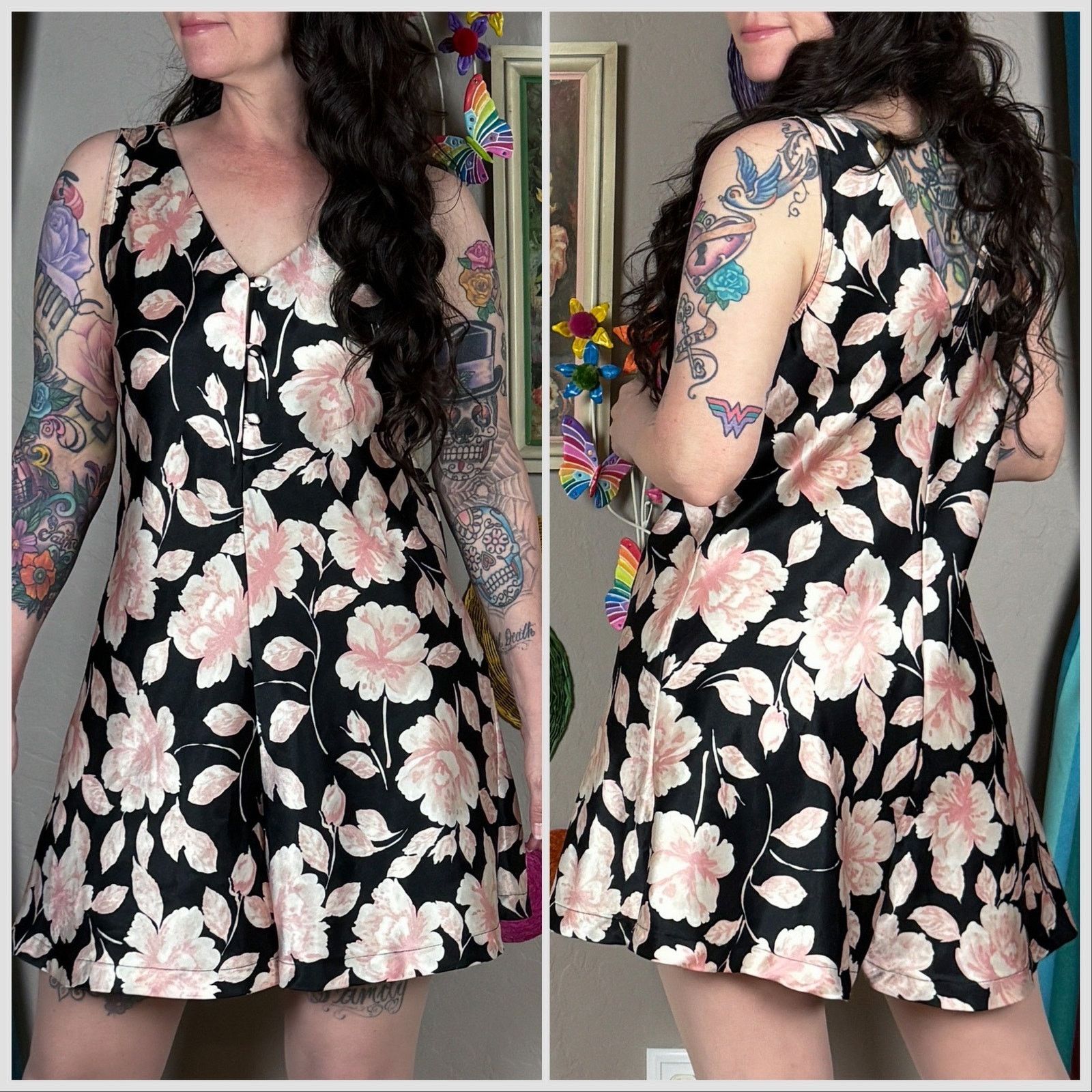 Vintage Vintage Vanity Fair Satin Floral Sleeveless Pajama Romper Size ONE SIZE - 3 Thumbnail