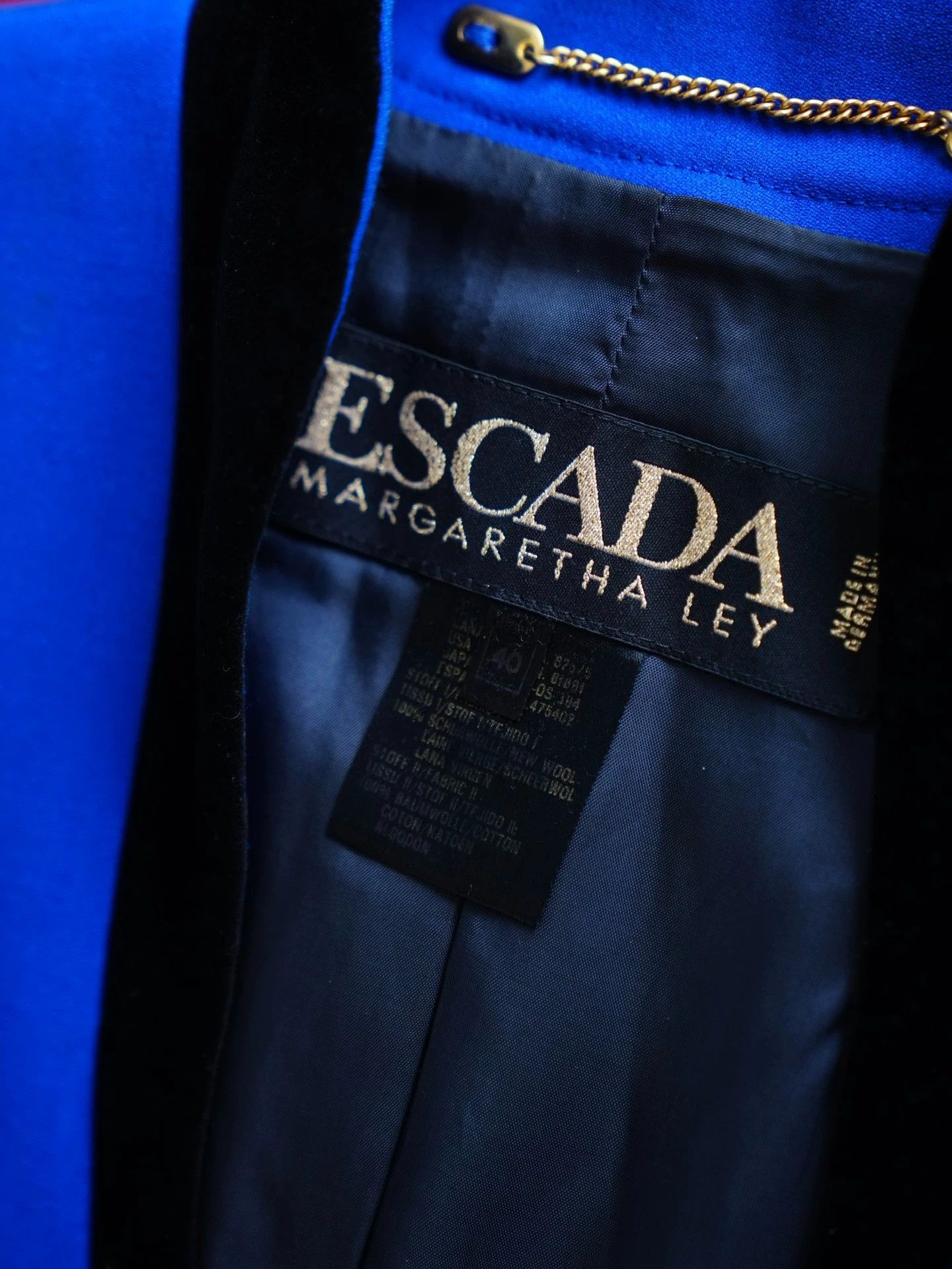 Escada Escada Vtg Blue Gold Wool & Black Velvet Suit Jacket D40 Size S / US 4 / IT 40 - 5 Thumbnail